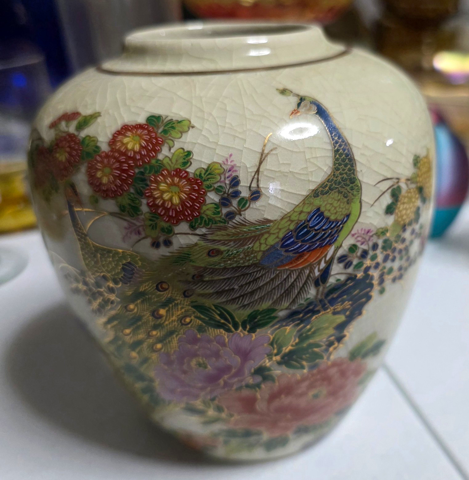 Vintage Yamahiro Crackle Glaze Ceramic Vase Peacock & Floral Made in Japan Vintage Yamahiro Crackle Glaze Ceramic Vase Peacock & Floral Made in Japan