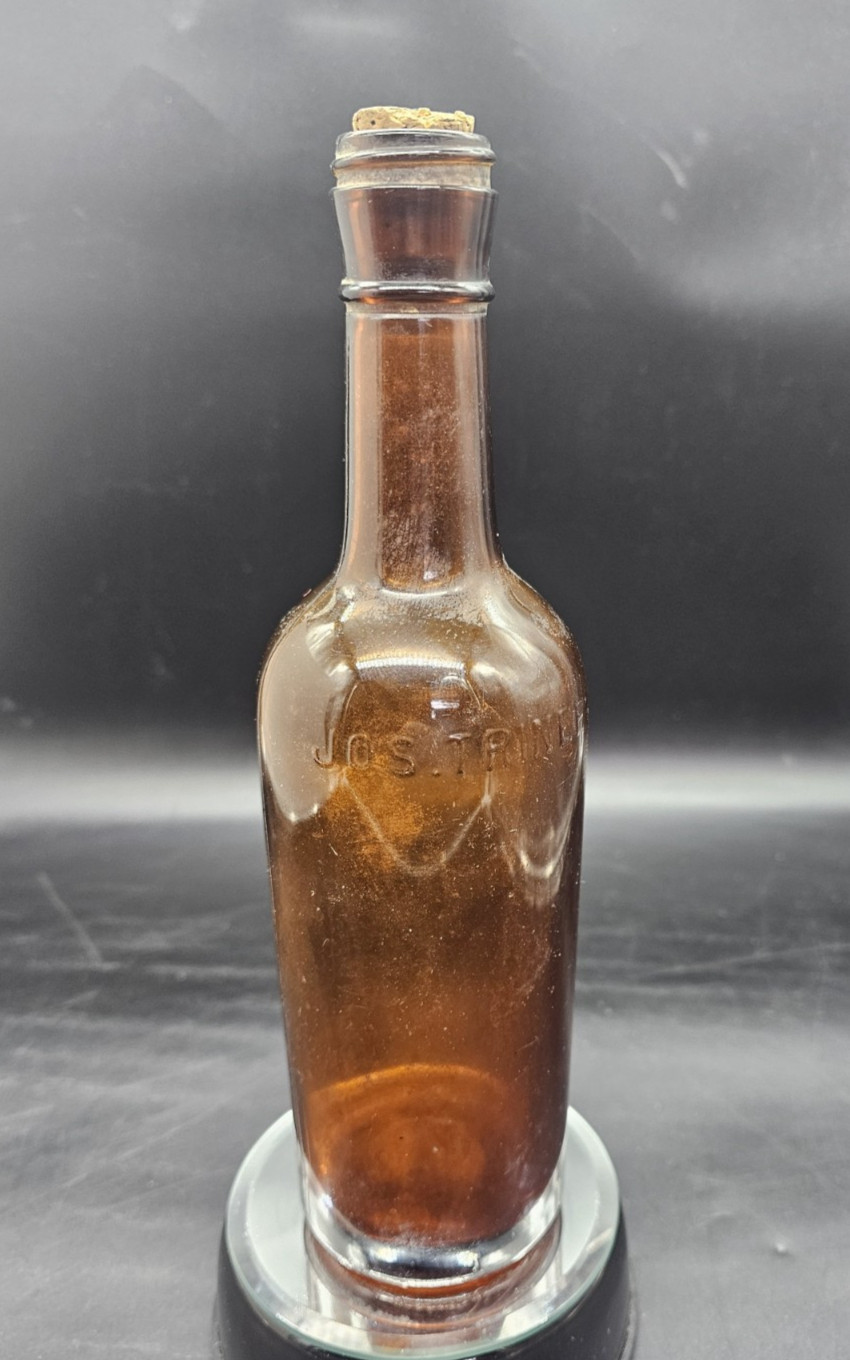 Blown Whiskey Bottle Jos Triner Chicago IL Illinois Amber Cylinder Ca 1900 Nice