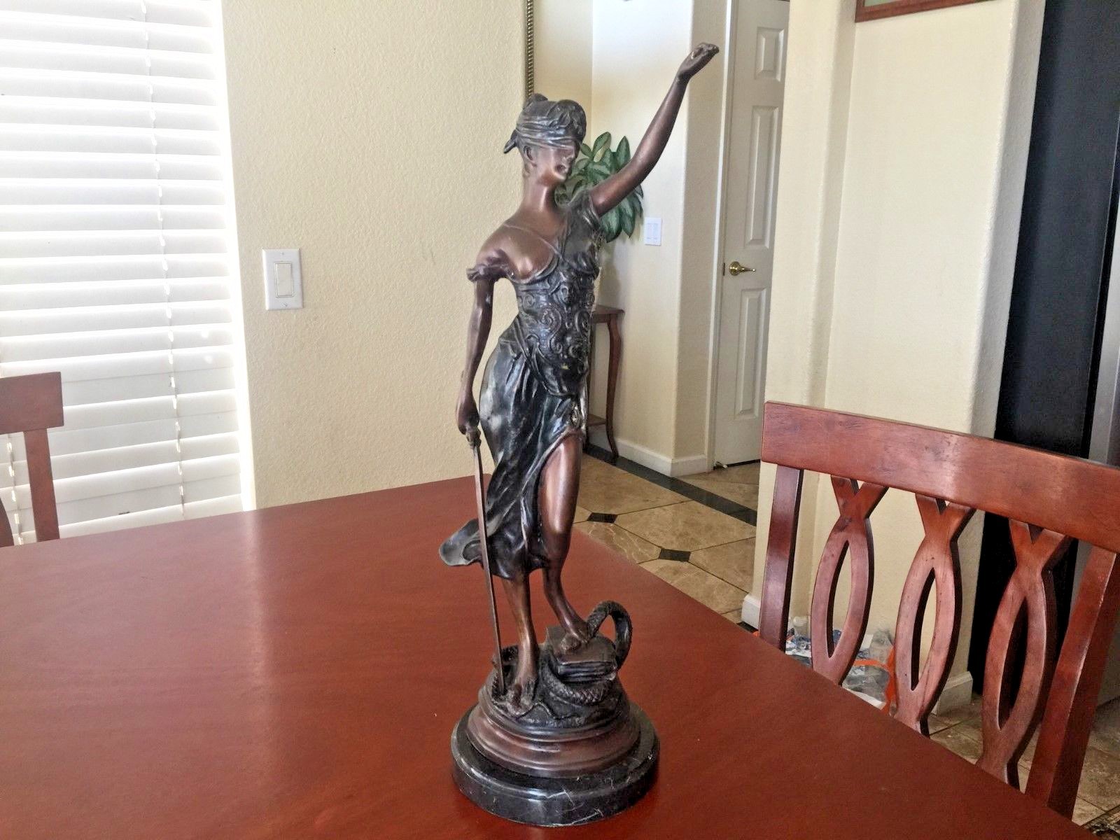 ANTIQUE CHARLES VALTON FRENCH BRONZE LADY JUSTICE VICTORIAN STATUE c.1900's EUC