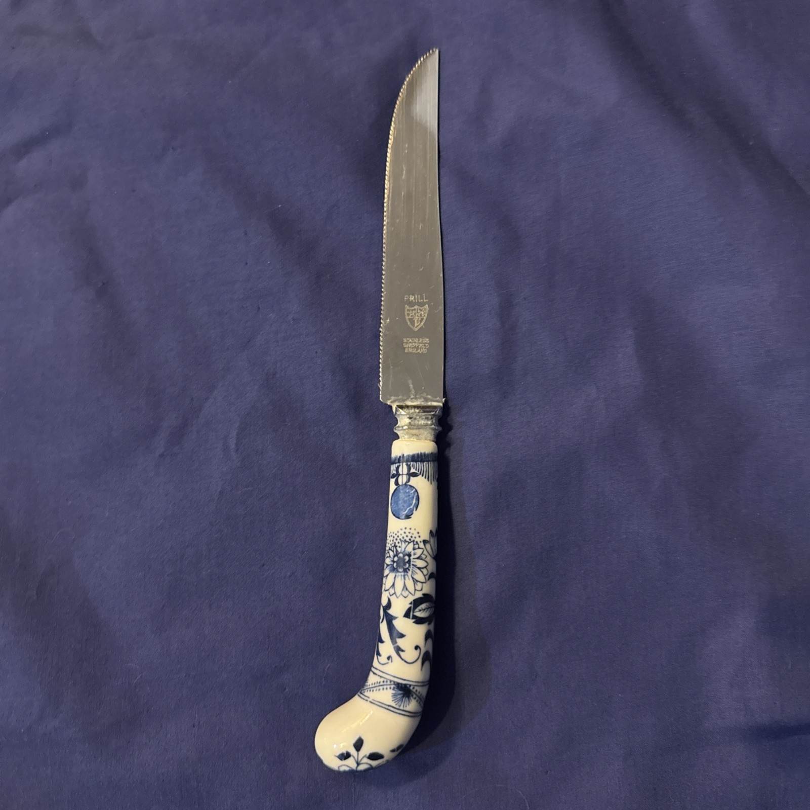 Prill Blue Onion Porcelain Handle Dining Knife Sheffield England 9”