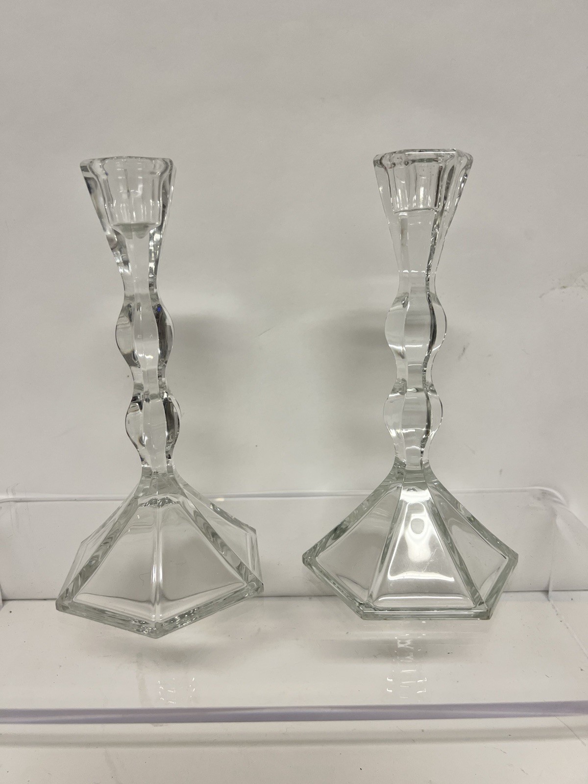 VTG Pair Clear Pressed Glass Candlestick Holders Faceted Hexagon Base Hourglass
