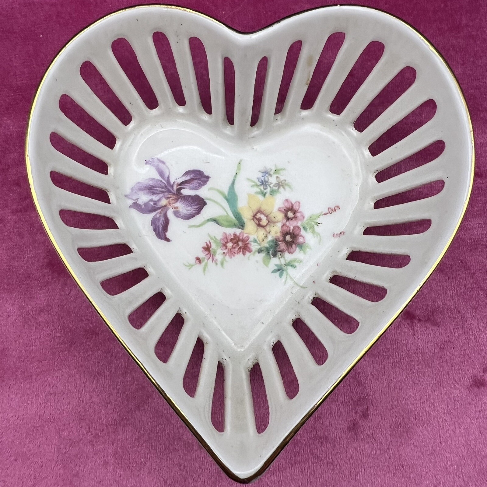 Vintage Schwarzenhammer Germany  Heart Shaped Reticulated Trinket Dish, Floral