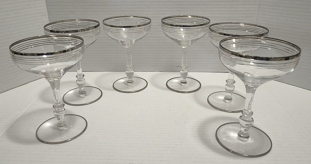 Vtg 1960s Indiana Glass Multi-Platinum Banded Champagne Sherbet Stemmed Set of 6