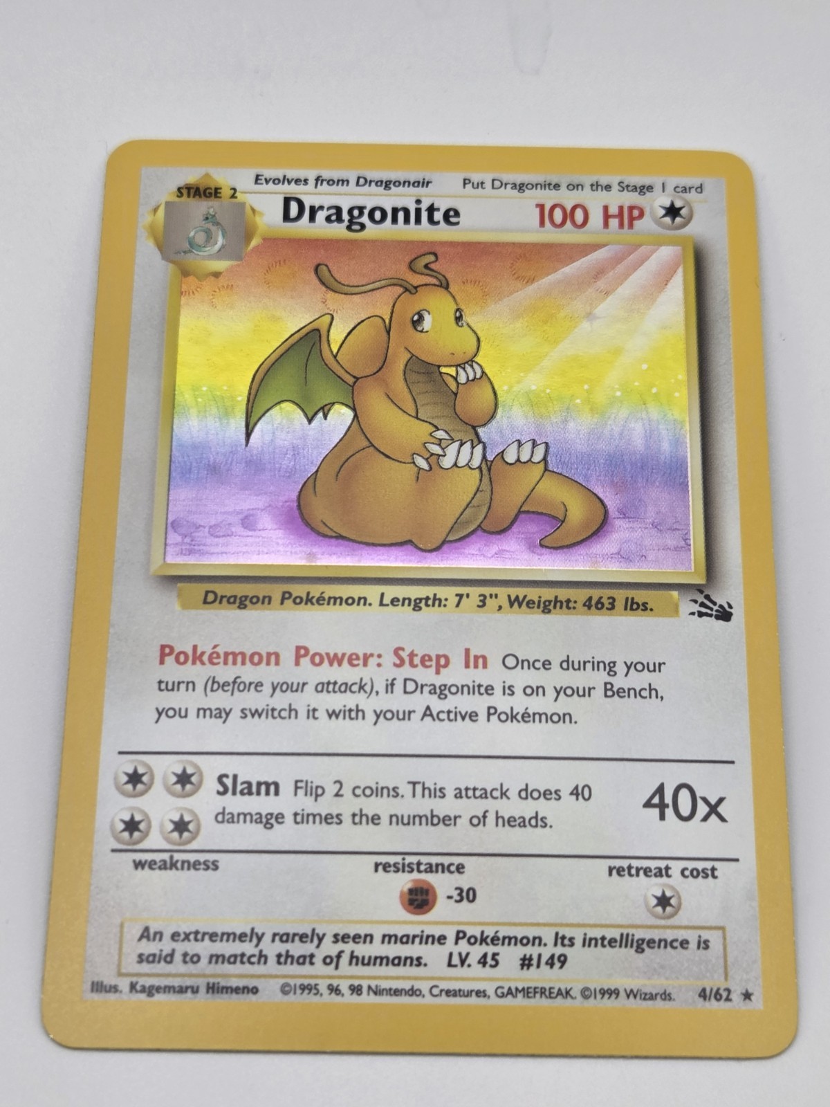 Dragonite Holo 4/62 Fossil Unlimited - 1999 WOTC - LP/MP Dragonite Holo 4/62 Fossil Unlimited - 1999 WOTC - LP/MP