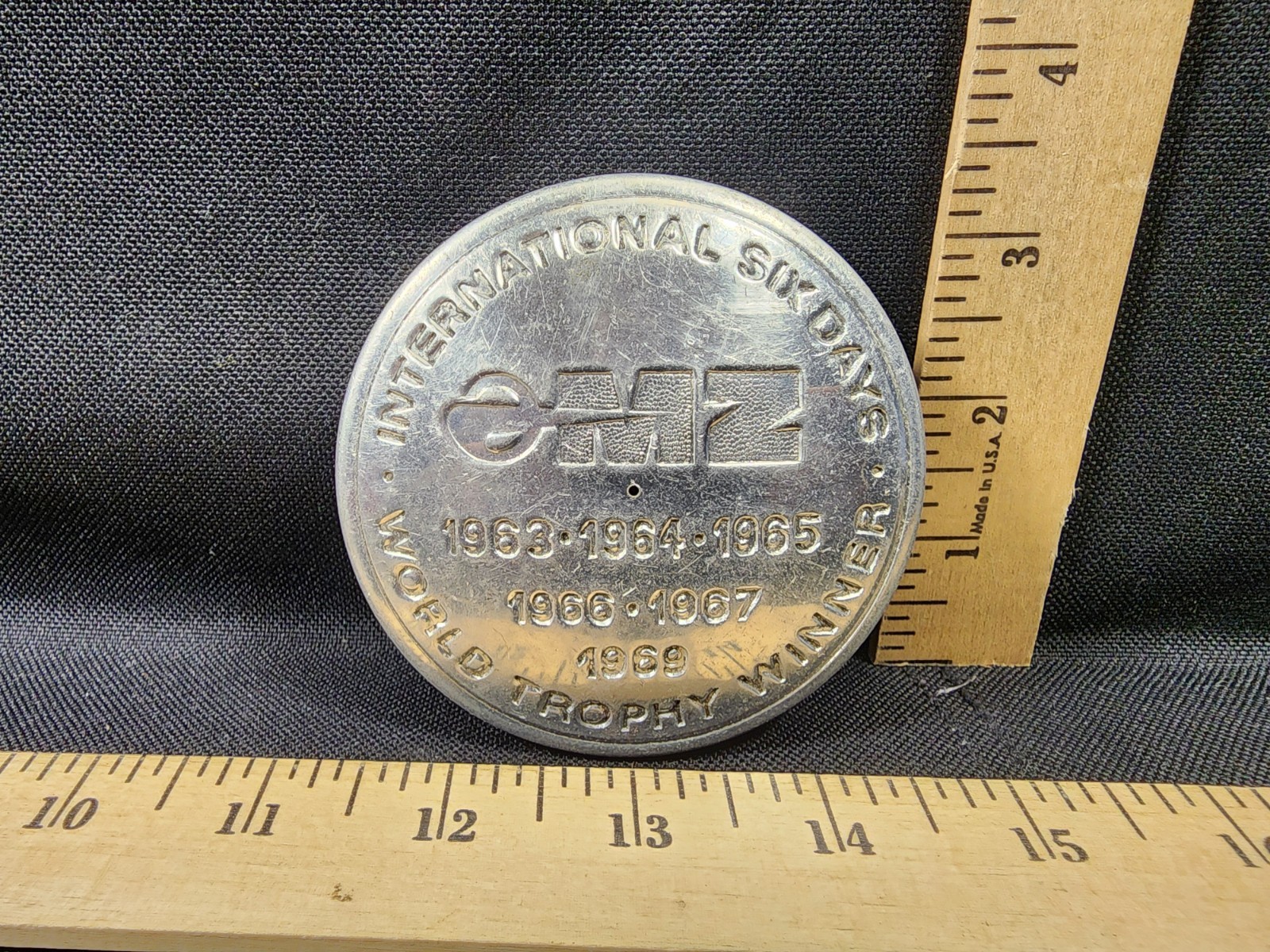 Vintage MZ Motorcyle Gas Cap Badge World Trophy 6 Day Race 1963-69