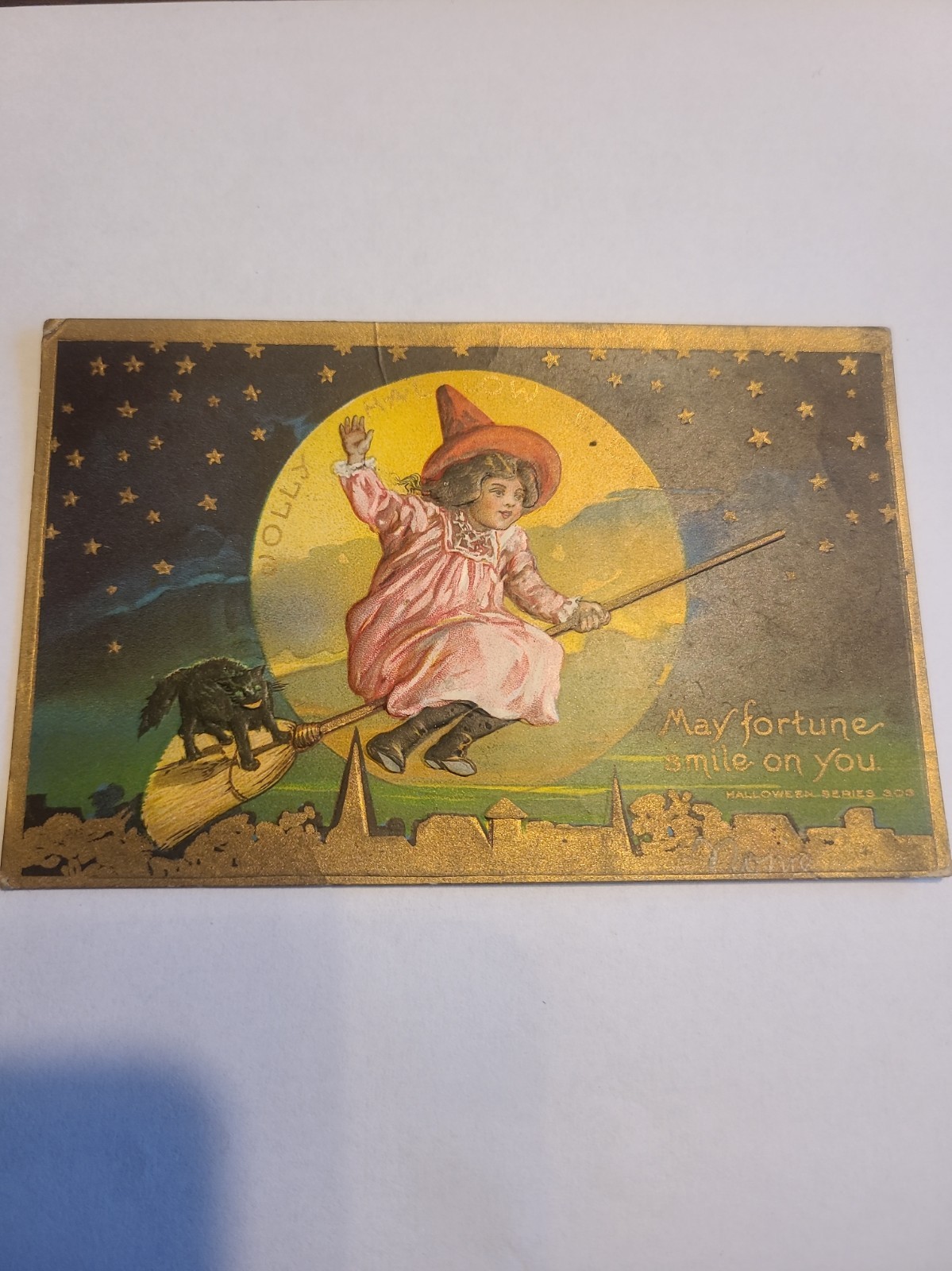 Vintage 1910 Halloween Child Witch And Black Cat, Halloween Series 303