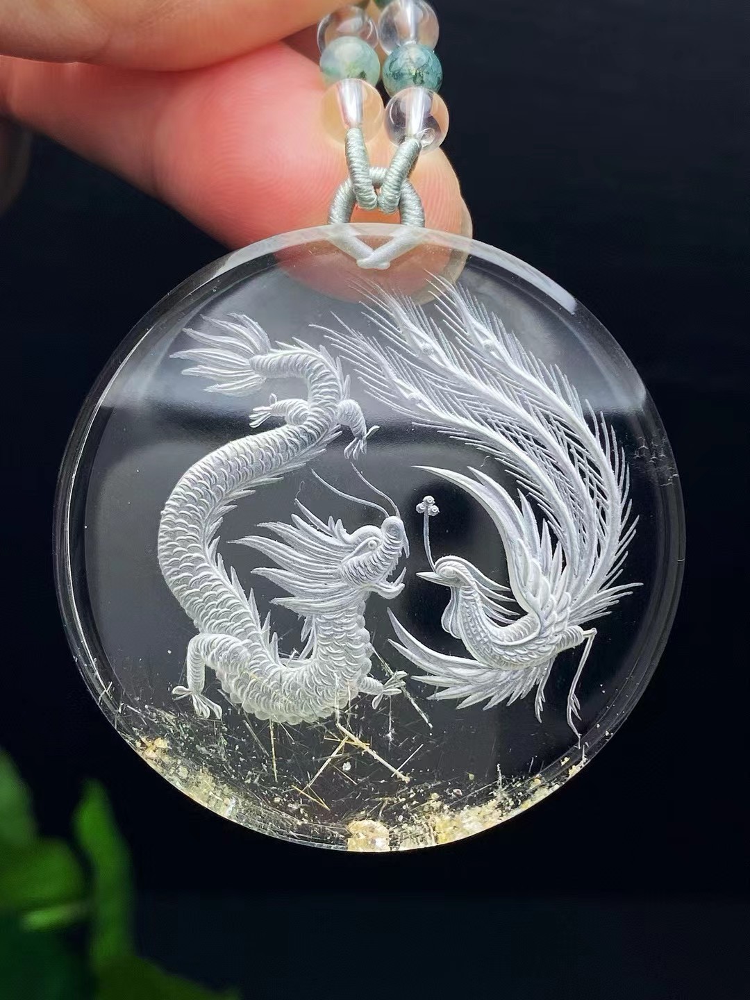 50*8.8mm A++ Natural Gold Rutilated Quartz Crystal Dragon+phoenix Pendant gift