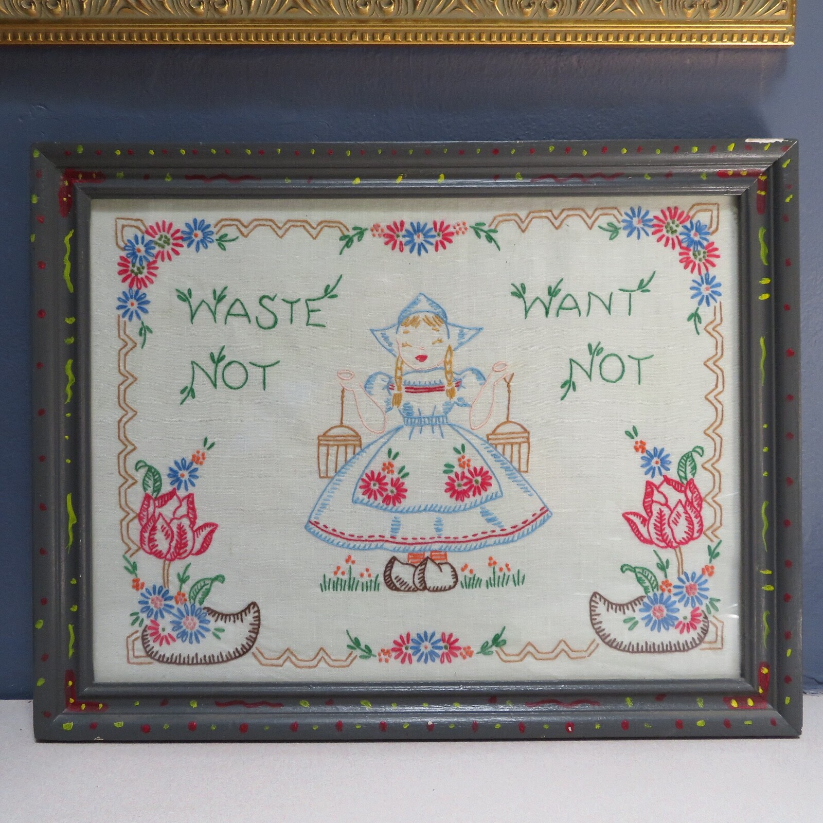 Vintage Dutch Girl Framed Embroidered Sampler