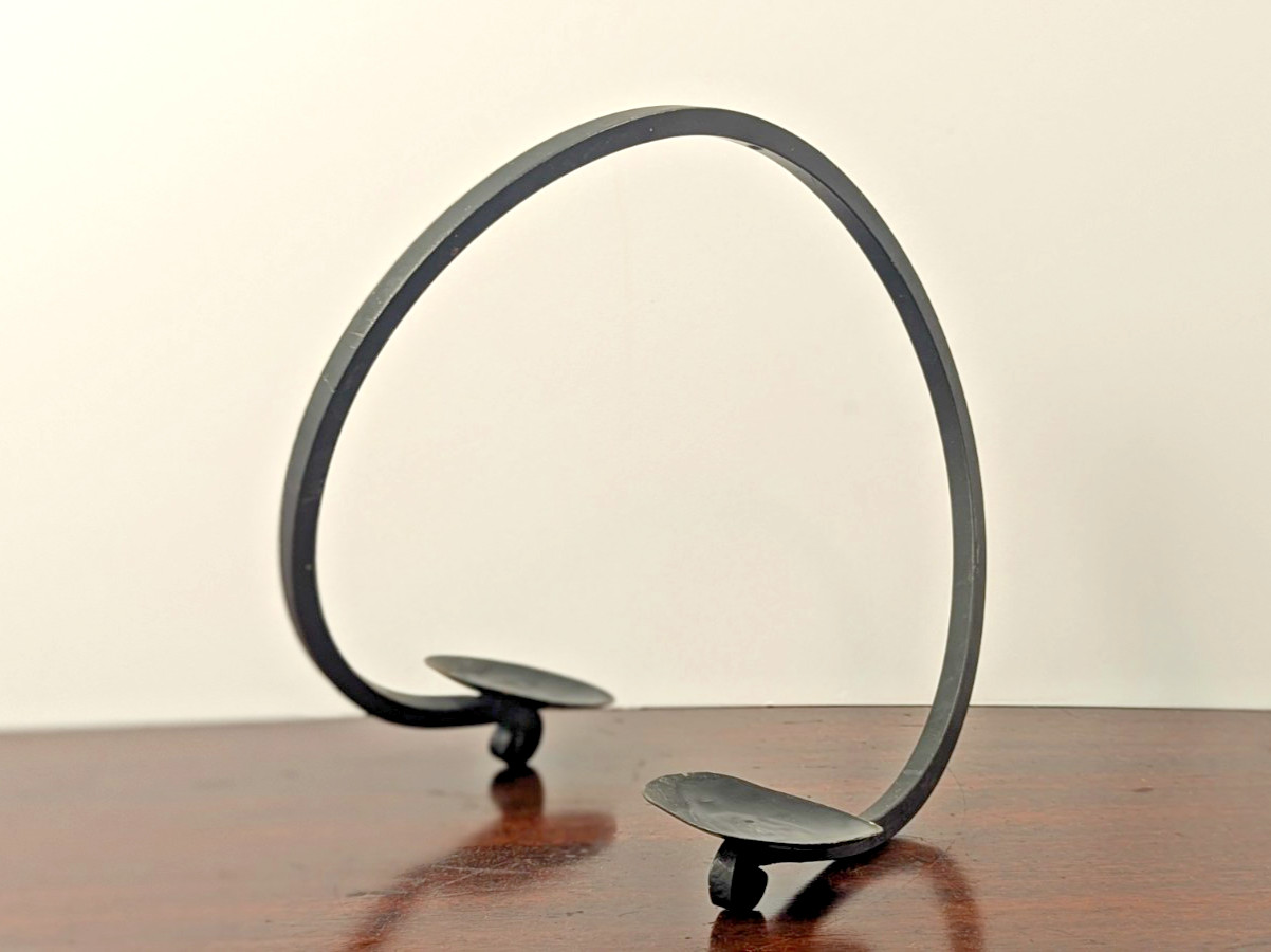 Vintage Modernist Black Wrought Iron Double Taper Candle Holder Arch Loop Vintage Modernist Black Wrought Iron Double Taper Candle Holder Arch Loop