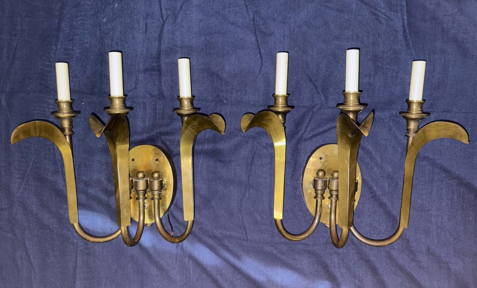 2 VINTAGE MCM RARE Hart Associates PAIR OF Brass Wall 3 Candle Light Sconces