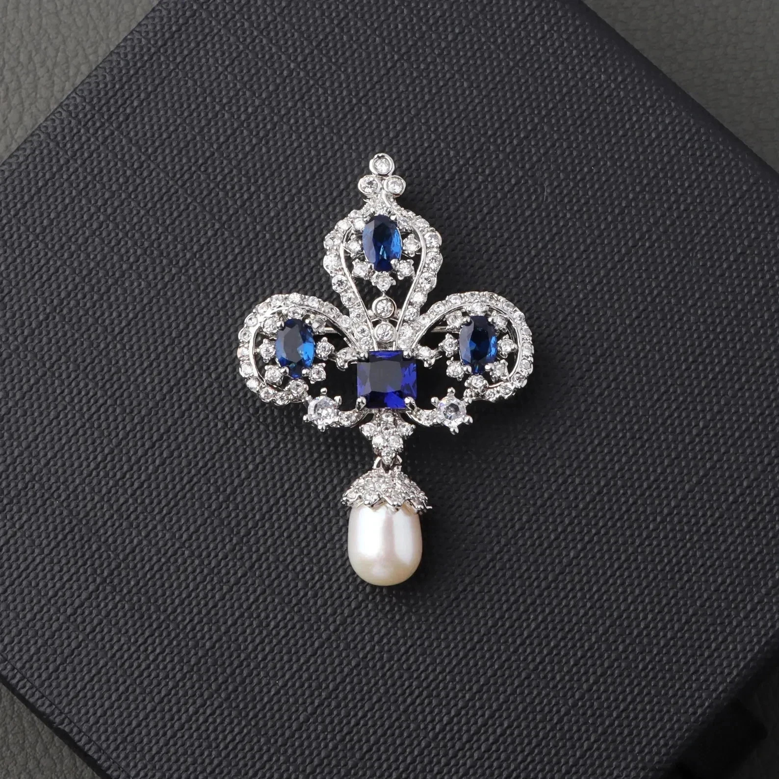Estate Sapphire,Pearl & Diamond Crown Brooch Pin In 14K White Gold Plated Unisex