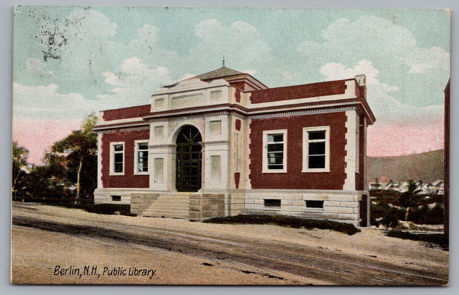 Public Library Road Hill Street View Trees Berlin NH DB Posted Postcard TS-196