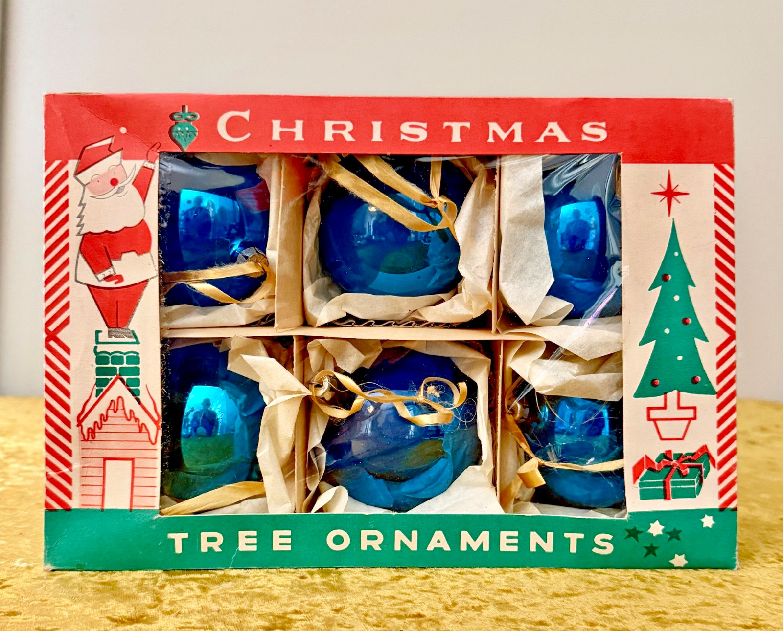 1960's FANTASIA BRAND LARGE MERCURY GLASS BLUE BALL ORNAMENTS (SET OF 6), POLAND 1960's FANTASIA BRAND LARGE MERCURY GLASS BLUE BALL ORNAMENTS (SET OF 6), POLAND