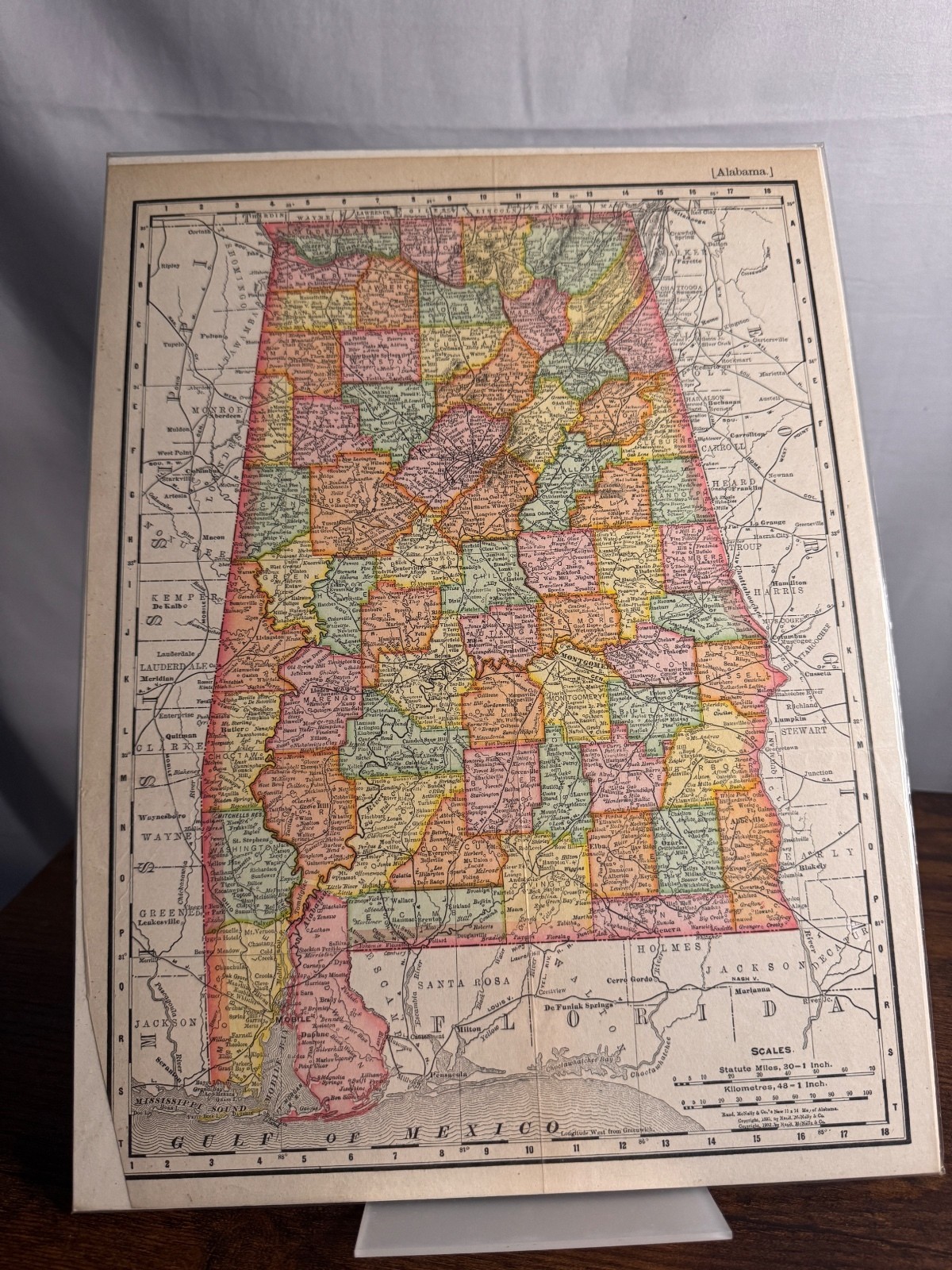 Antique Alabama Map Rand McNally Atlas Vintage Paper County Map Historical