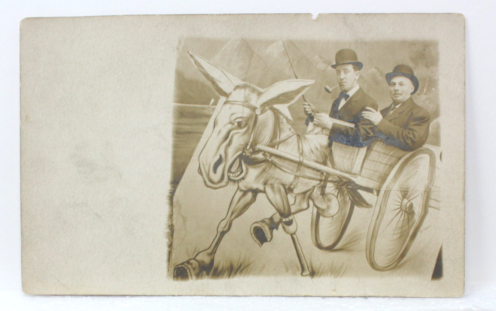 Vtg RPPC Handsome Men in Cart Bowler Hats Wooden Leg Mule Studio Photo Postcard Vtg RPPC Handsome Men in Cart Bowler Hats Wooden Leg Mule Studio Photo Postcard