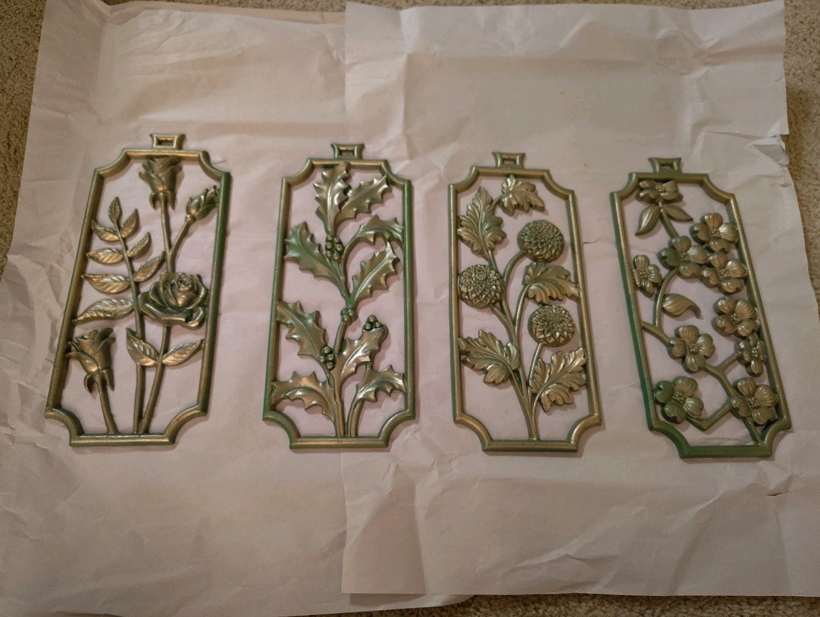 Vintage Lot Of (4) Sexton Gold Metal Floral Wall Mid-Century Modern Decor