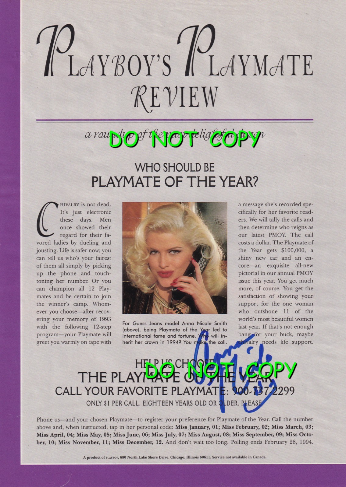 Playmate of the Year 1993 Anna Nicole Smith signed 1994 Playboy page Playmate of the Year 1993 Anna Nicole Smith signed 1994 Playboy page
