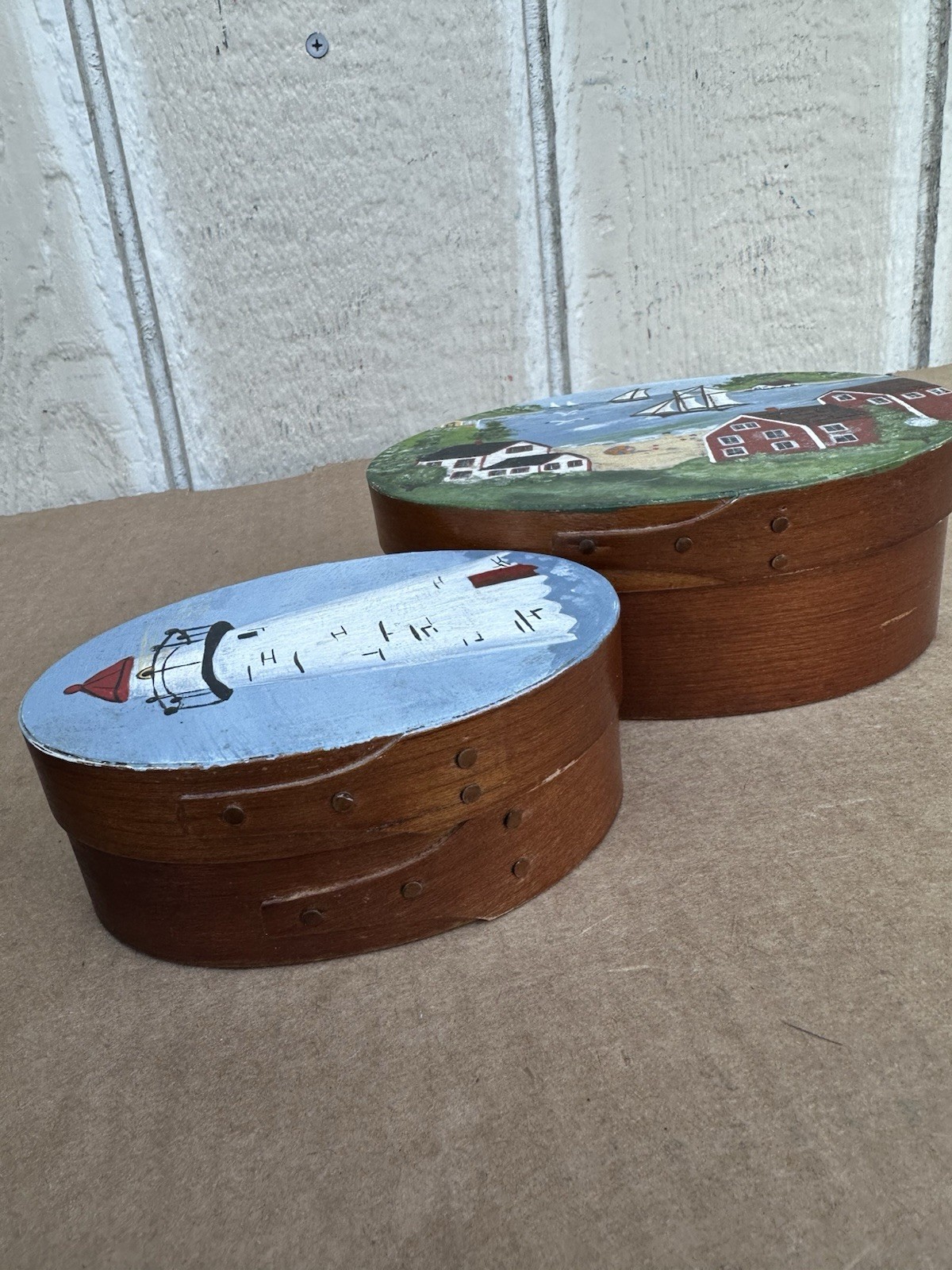 Vintage Folk Art Hand Painted Wooden Shaker Box Stack Set of 2