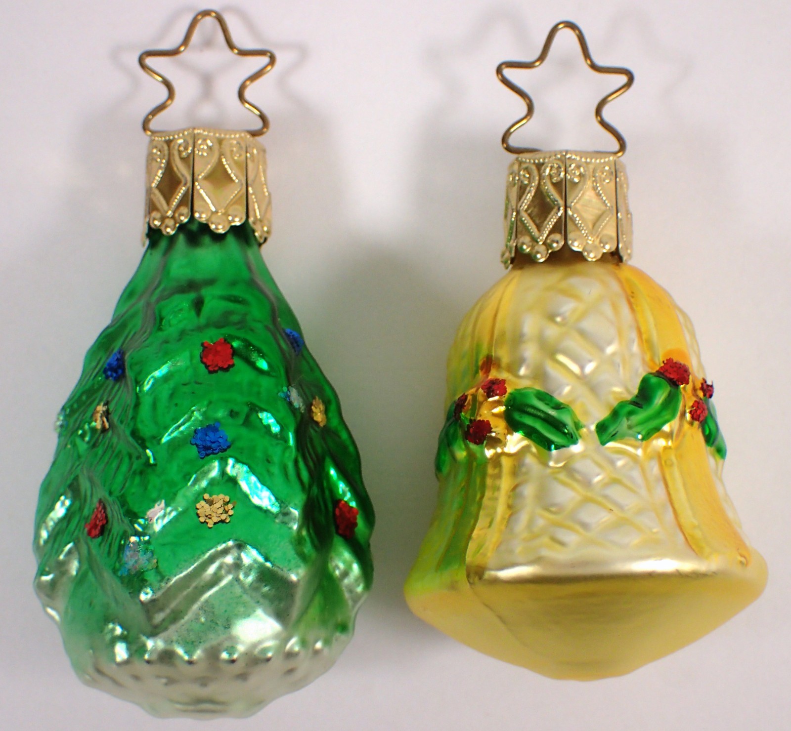 2 Vtg Germany Blown Christmas Tree & Yellow Bell w Holly Feather Glass Ornaments