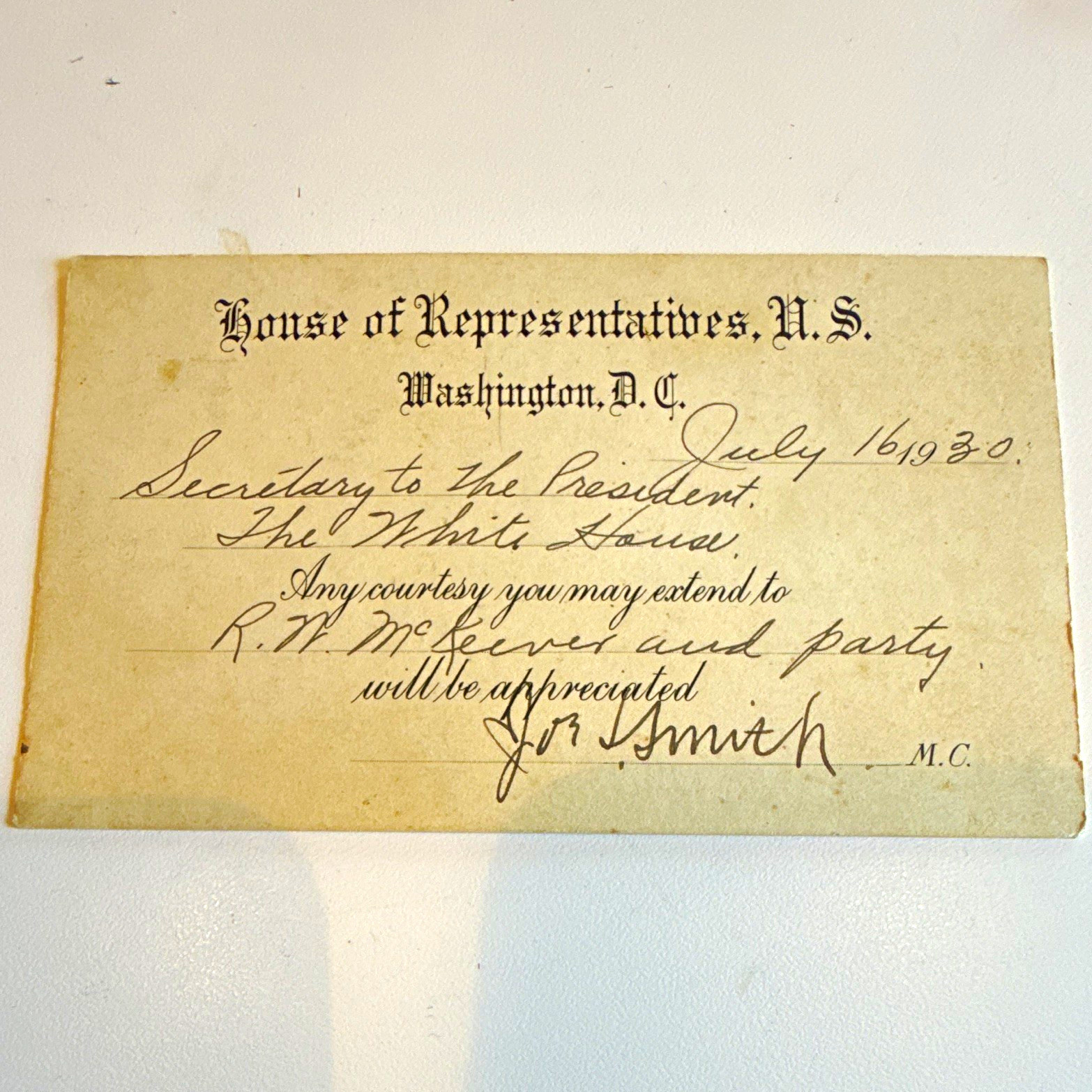 U.S. House of Representatives Washington D.C. White House Card July 16, 1930 U.S. House of Representatives Washington D.C. White House Card July 16, 1930