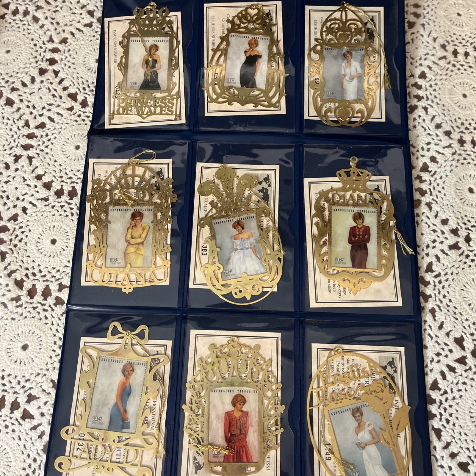 RARE 9pc Princess Lady Diana Postal Stamp Christmas Ornament Set Coa’s RARE 9pc Princess Lady Diana Postal Stamp Christmas Ornament Set Coa’s