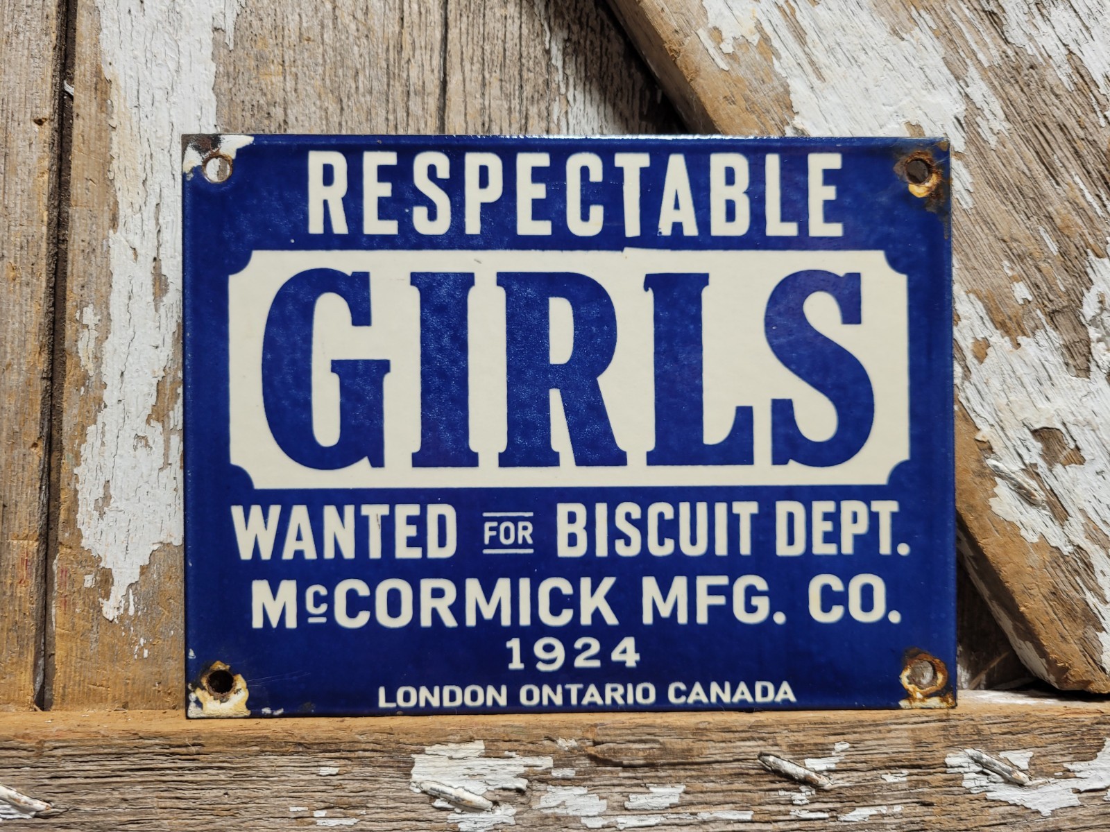 VINTAGE RESPECTABLE GIRLS WANTED PORCELAIN SIGN OLD MCCORMICK BISCUITS FACTORY VINTAGE RESPECTABLE GIRLS WANTED PORCELAIN SIGN OLD MCCORMICK BISCUITS FACTORY