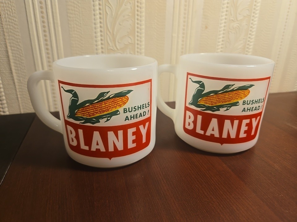 Vintage AH Federal Glass Milk Glass Blaney Corn Coffee Mugs Lot of 2 Advertising Vintage AH Federal Glass Milk Glass Blaney Corn Coffee Mugs Lot of 2 Advertising