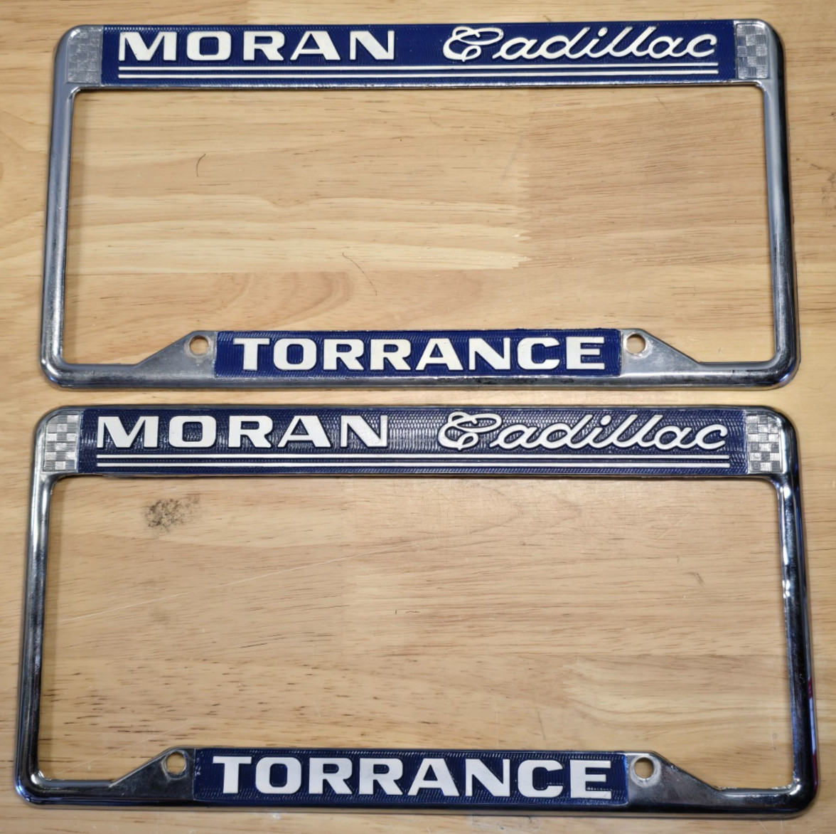 Vintage Moran Cadillac Torrance CA Dealer License Plate Frames Pair Chrome Blue