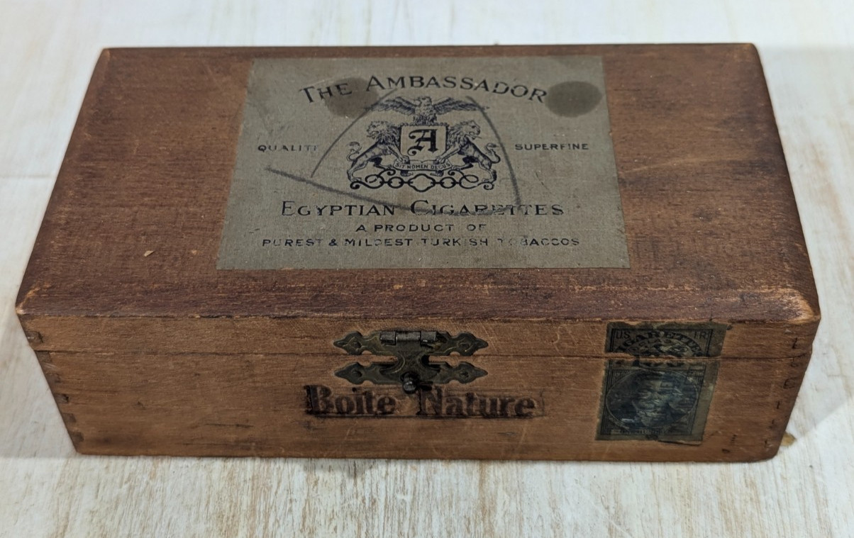 Vintage Wood Box, Egyptian Cigarettes, The Ambassador Hotel, w Paper Label EMPTY Vintage Wood Box, Egyptian Cigarettes, The Ambassador Hotel, w Paper Label EMPTY