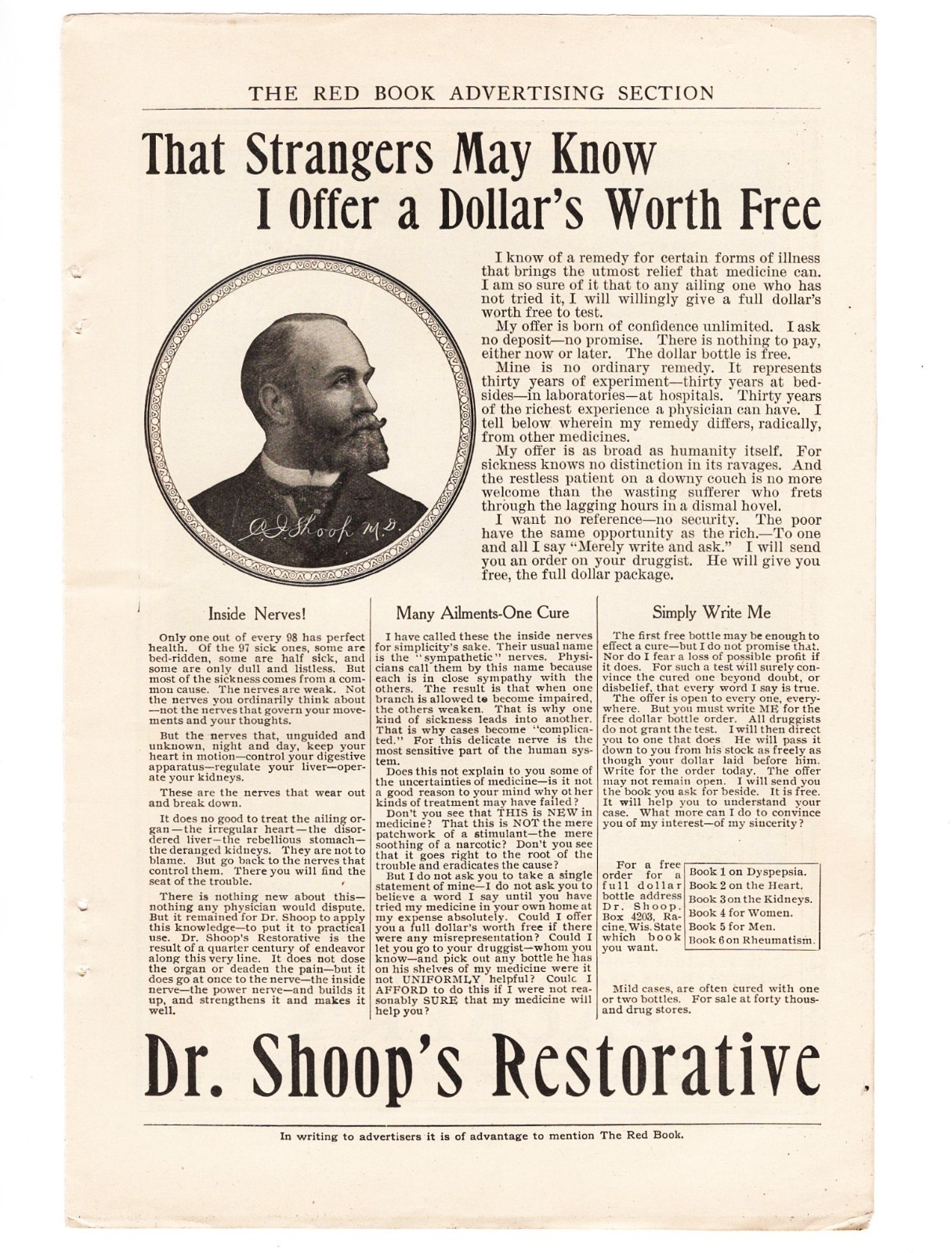 Original 1905 Dr Shoop\'s Restorative Quack Medicine Snake-Oil Antique Print Ad Original 1905 Dr Shoop\'s Restorative Quack Medicine Snake-Oil Antique Print Ad