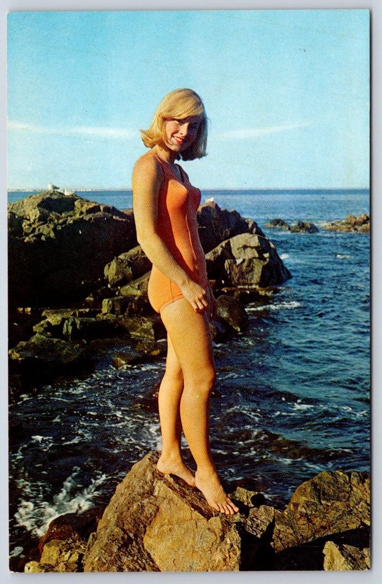 Vintage Photochrome Blonde Woman Orange Swimsuit Rocky Coast 1967 Vintage Photochrome Blonde Woman Orange Swimsuit Rocky Coast 1967