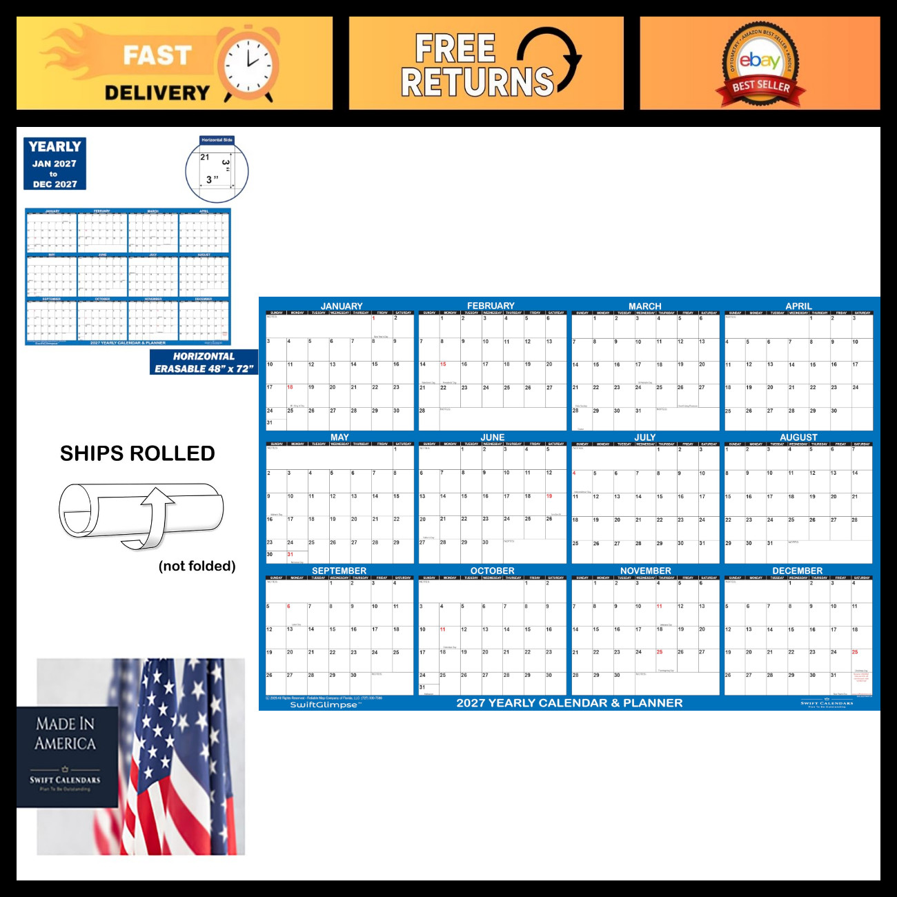 47x72 Erasable Jumbo Wall Calendar 2027 - Wet & Dry Erase, 12 Month Planner, Nav 47x72 Erasable Jumbo Wall Calendar 2027 - Wet & Dry Erase, 12 Month Planner, Nav
