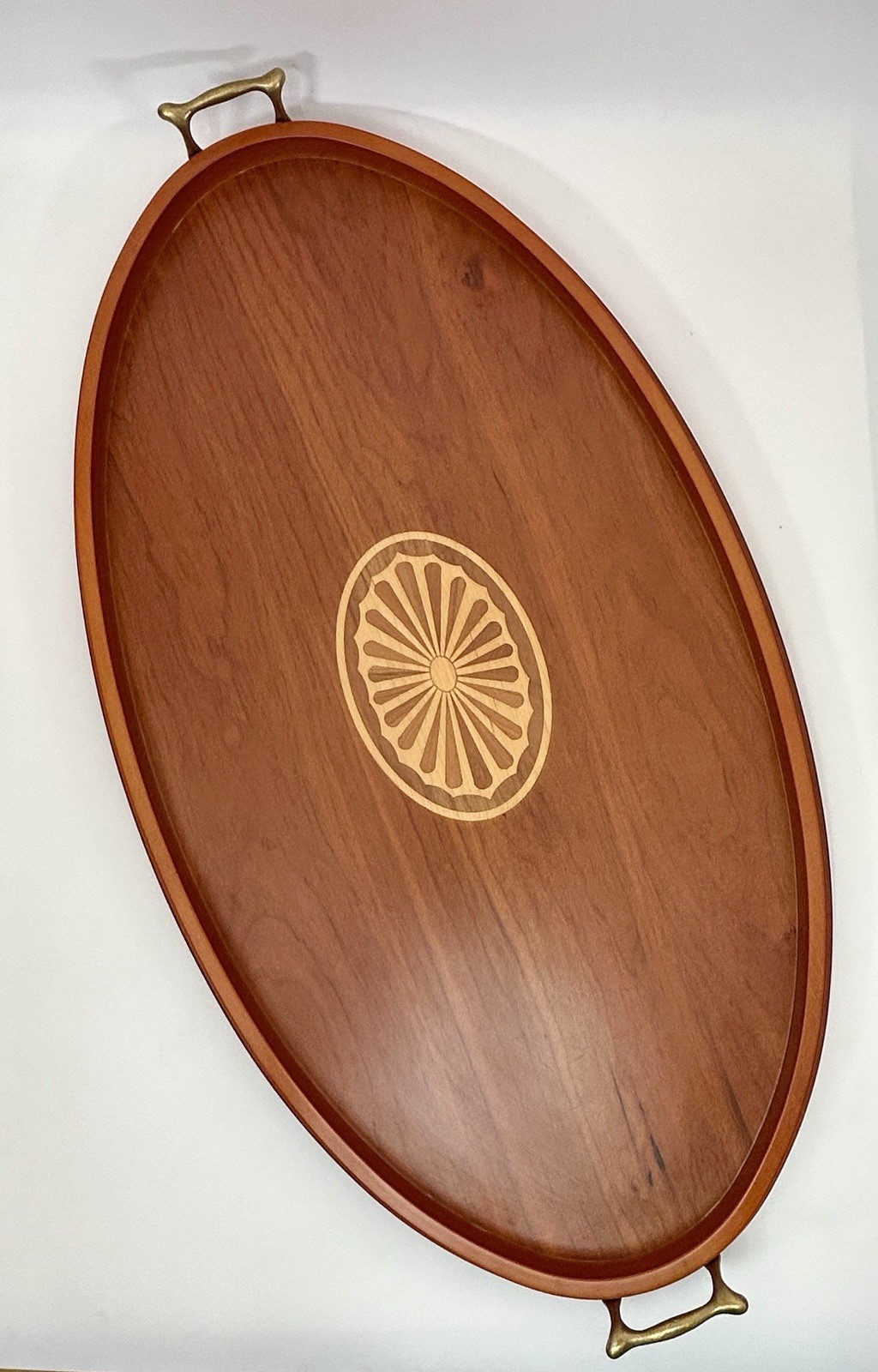 Global Views Taiwan Wood Sunburst Inlay Oval Tray Brass Handles Regency VTG