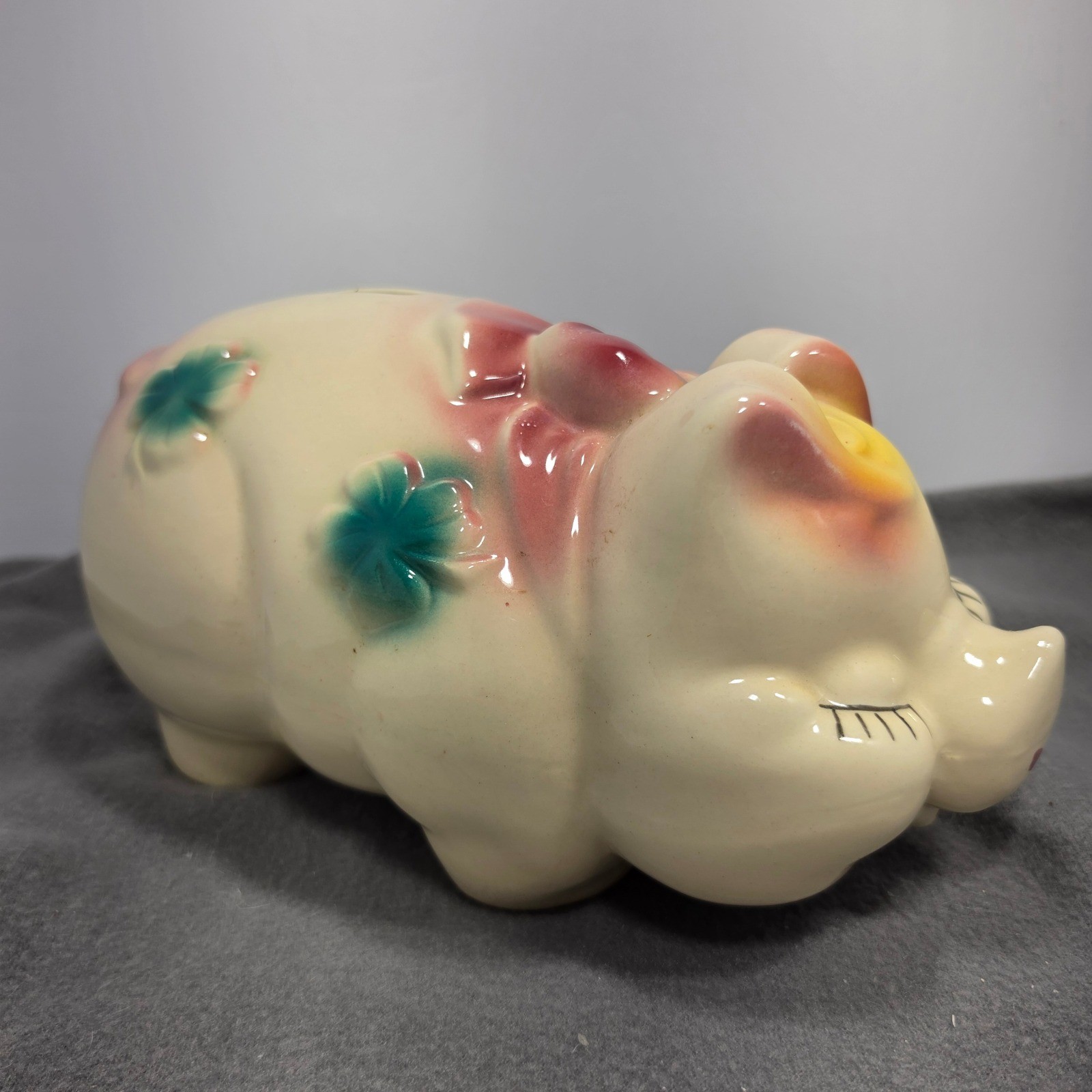 Vintage Ceramic Piggy Bank Sleepy Eyes Pink Bow Teal Floral Mid Century Kitsch