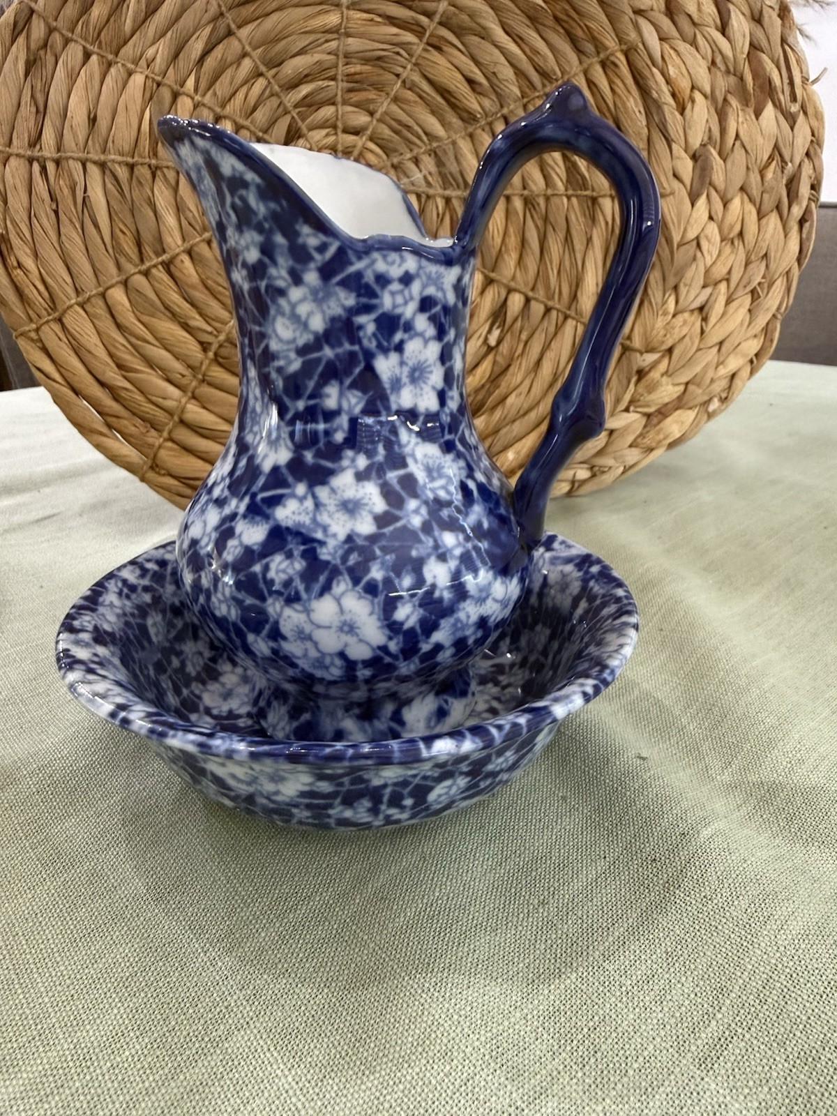 Antique Victorian Ware Vintage Blue Floral Chintz With Water Pitcher And Bowl Antique Victorian Ware Vintage Blue Floral Chintz With Water Pitcher And Bowl