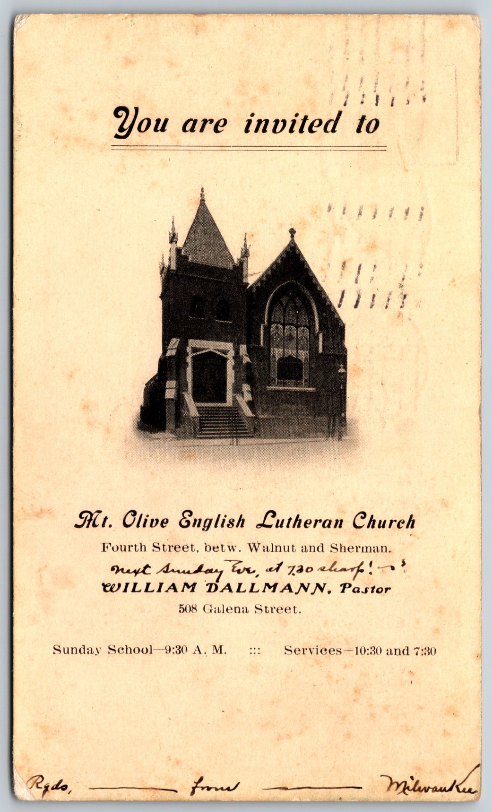 1906 Mt Olive Lutheran Church Invitation ANTIQUE Postcard 9867