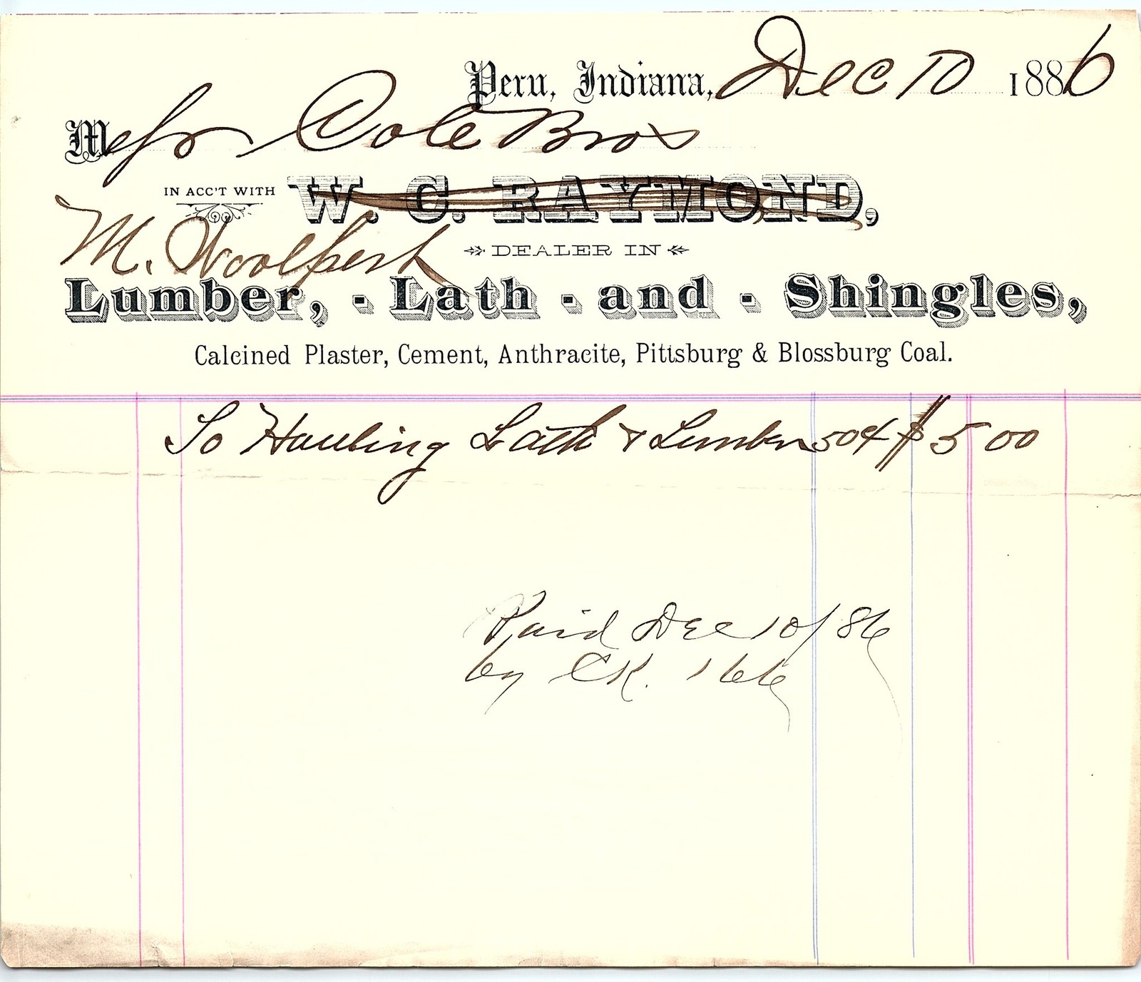 1886 Peru IN W. C. Raymond Lumber Dealer Paid Billhead 1886 Peru IN W. C. Raymond Lumber Dealer Paid Billhead