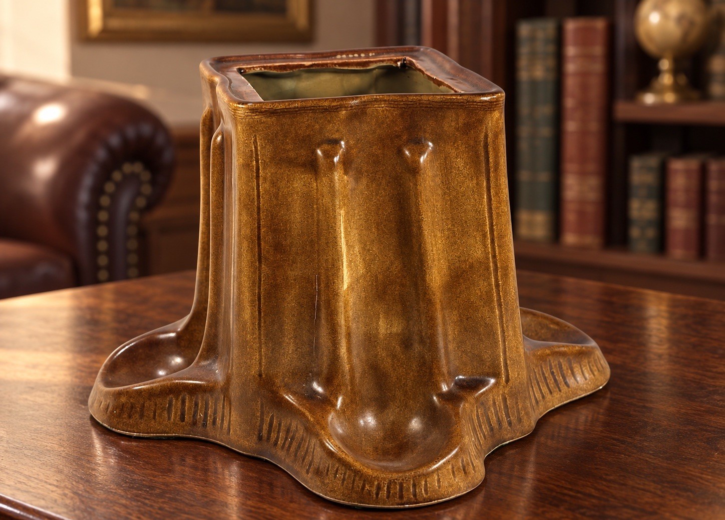ANTIQUE 1920s BROWN GLAZED CERAMIC SMOKING PIPE HOLDER STAND TOBACCIANA VTG RARE