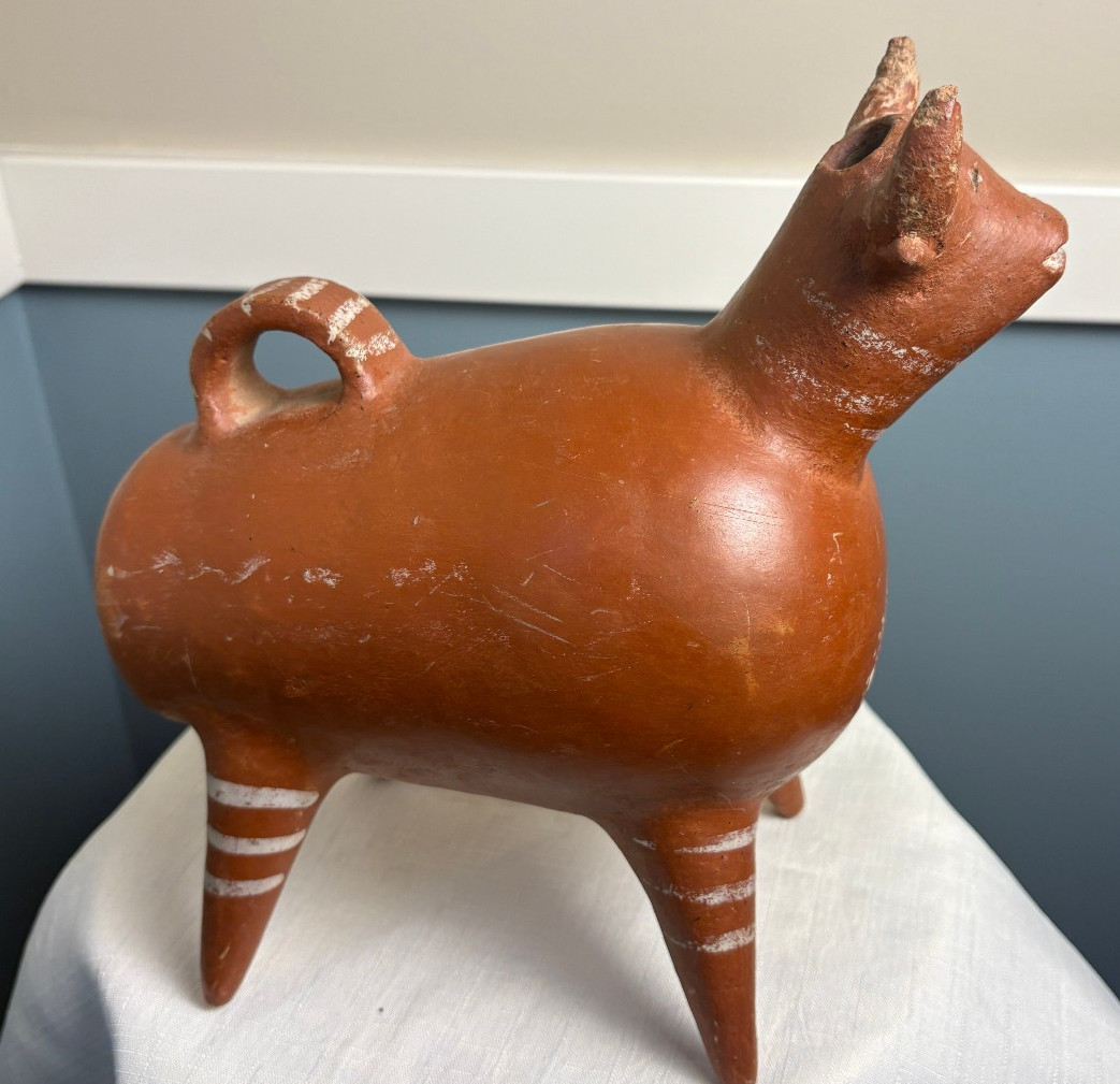 Vintage Mexico Mid-Century Terra Cotta Bull Clay Pottery w/ Handle - Vicus