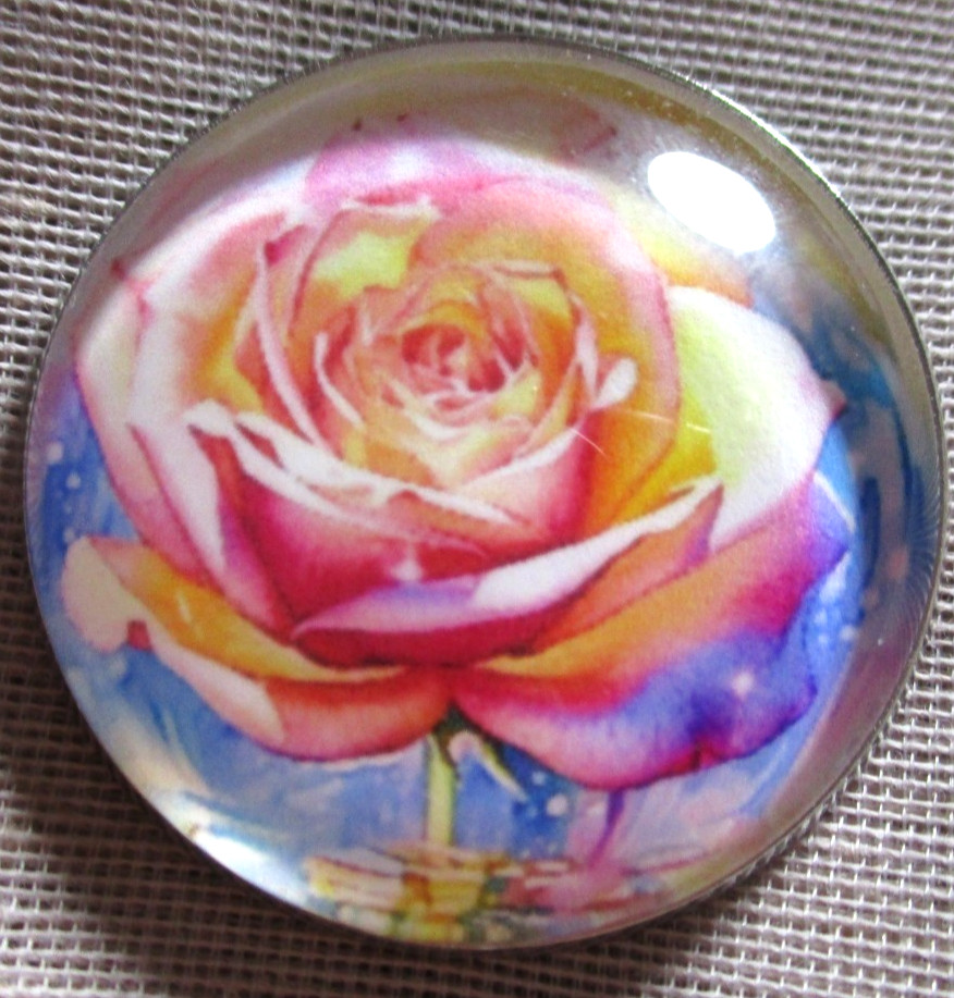 NEW GLASS DOME PIC BUTTON - PRETTY PINK SINGLE ROSE - 30mm
