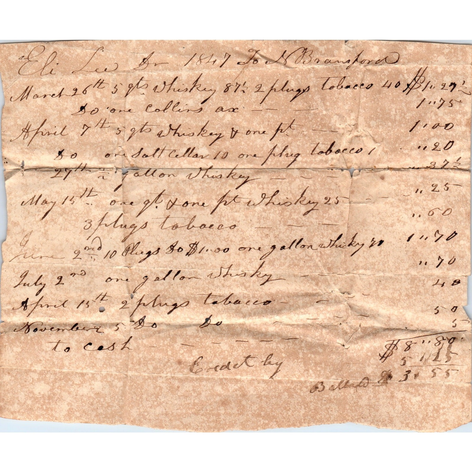 1847 Handwritten Receipt Eli Lee to N. Bransford Westover Covington Co AL AD6
