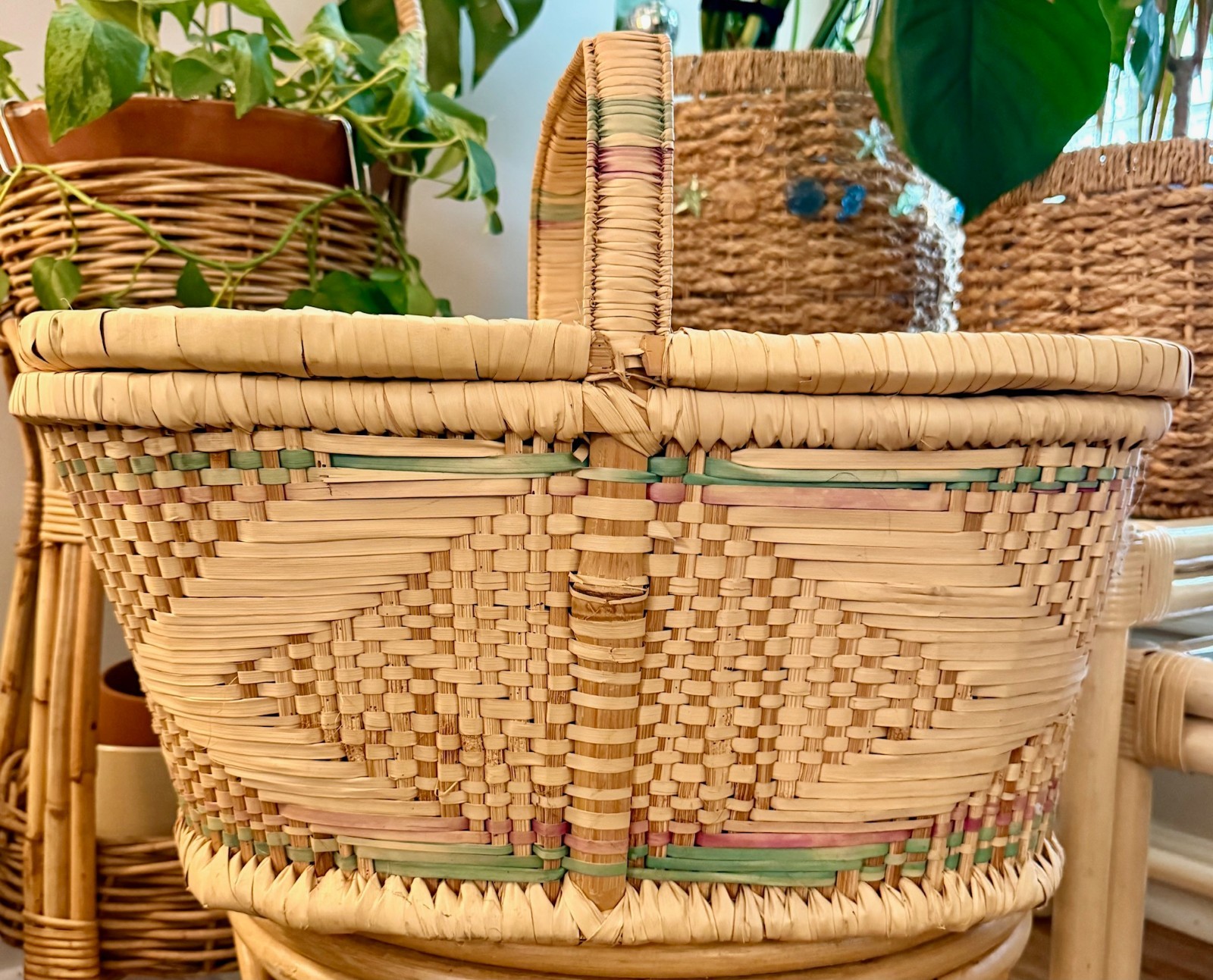 Vintage Sweetgrass Double Lid Picnic Basket Handwoven 21”