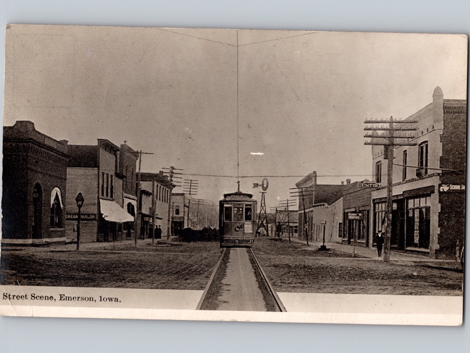 c1911 Street View Emerson Iowa IA Mills County Trolley Dentist Interurban RPPC