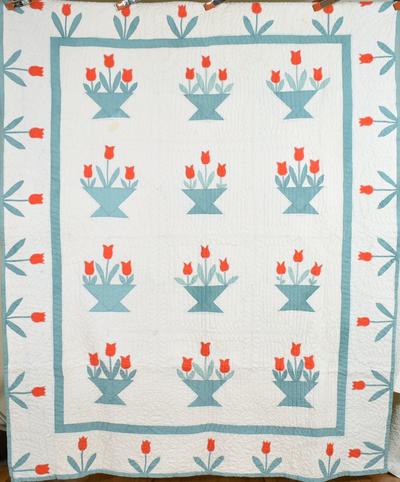WELL QUILTED Vintage 30s Tulip Basket Floral Applique Antique Quilt ~Nice Border