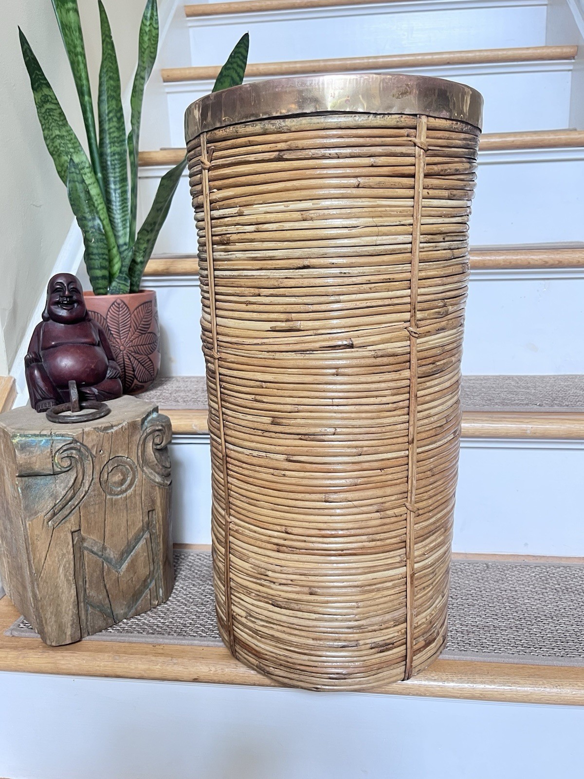 Rare Vintage 1970’s Italian Pencil Reed And Brass Rim Woven Umbrella Stand