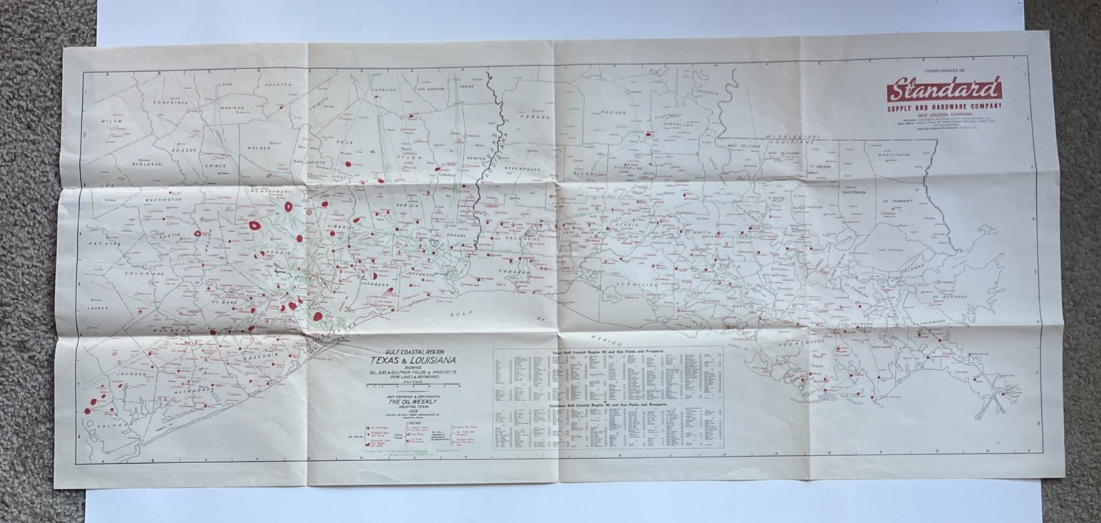 Original 1938 Texas & Louisiana Gulf Coast Map Of Oil, Gas & Sulphur Prospects Original 1938 Texas & Louisiana Gulf Coast Map Of Oil, Gas & Sulphur Prospects
