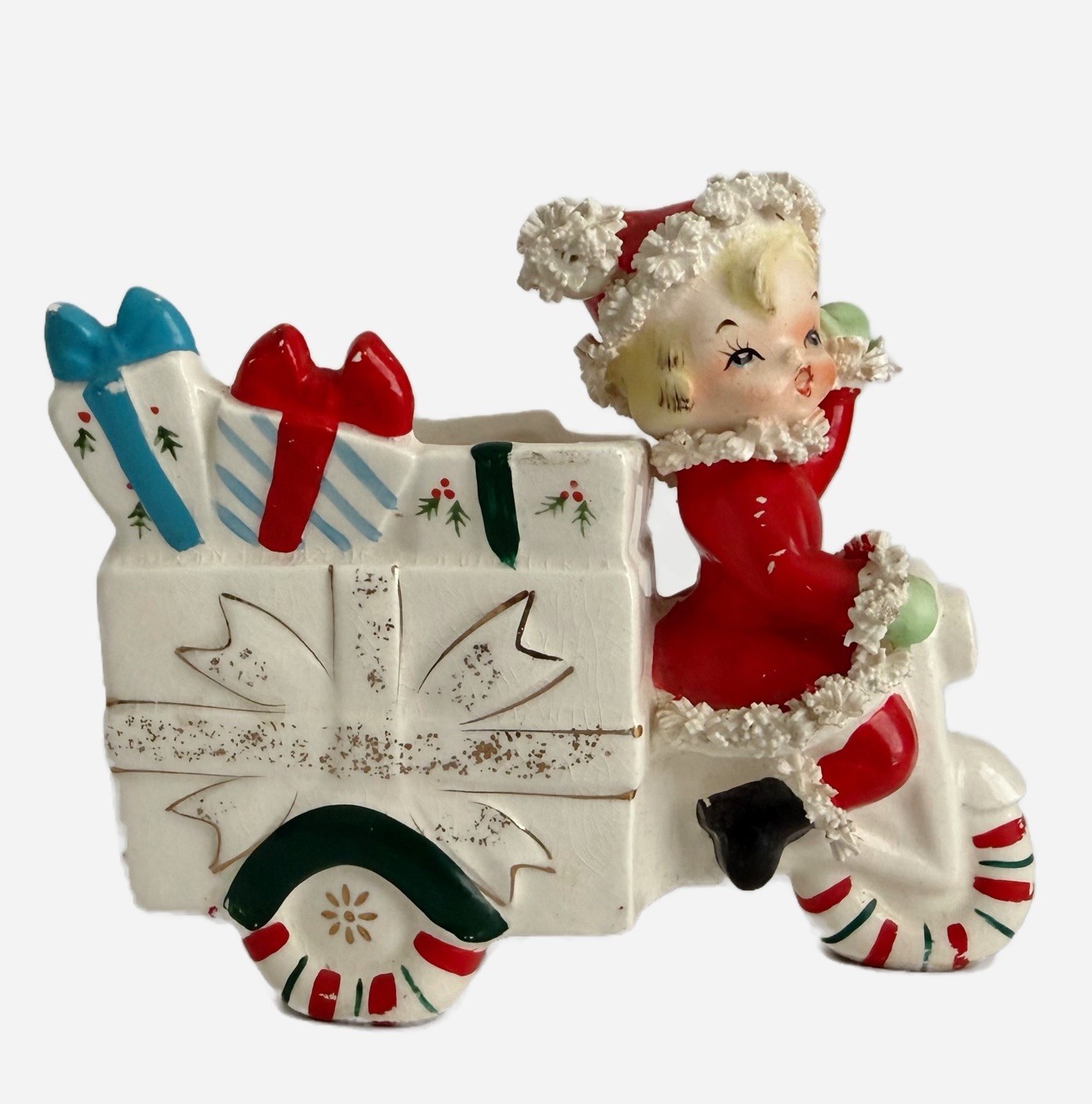 VTG 1960 Samson Relpo 496 Girl Tricycle Wagon Christmas Planter Spaghetti Trim VTG 1960 Samson Relpo 496 Girl Tricycle Wagon Christmas Planter Spaghetti Trim