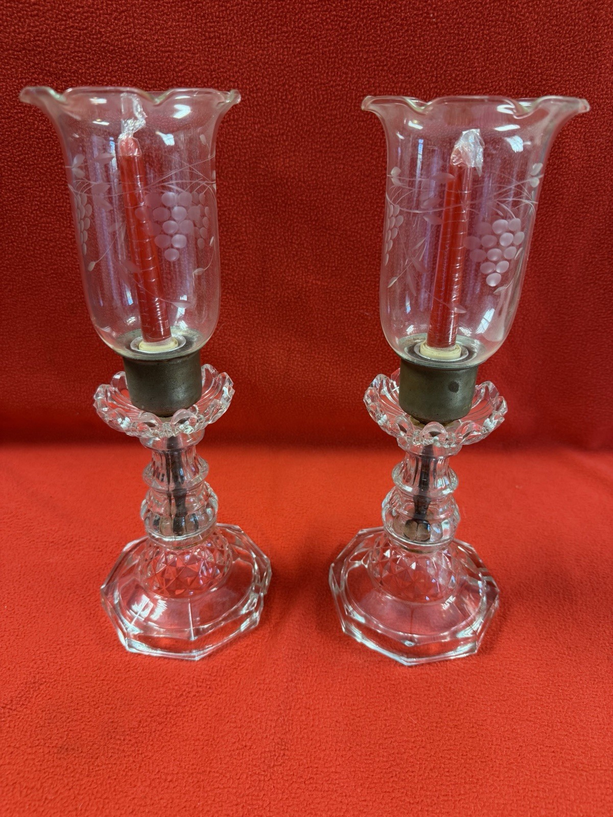 Vintage Pair Hurricane candle Lamps Etched Glass Cut Crystal Vintage Pair Hurricane candle Lamps Etched Glass Cut Crystal