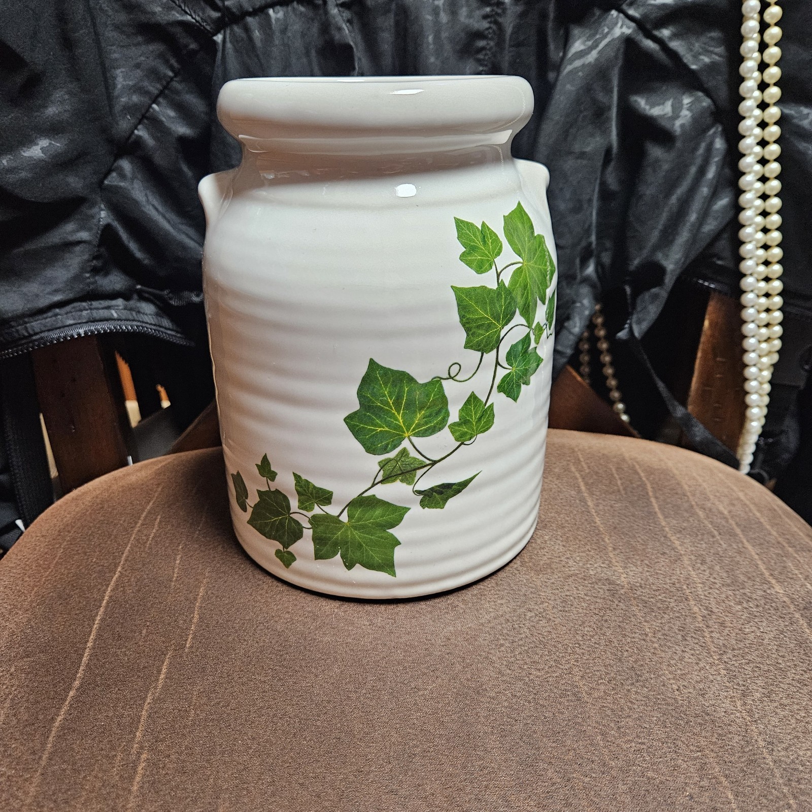 Harris Pottery Kitchen Utensil Crock in White with Ivy Design Vintage