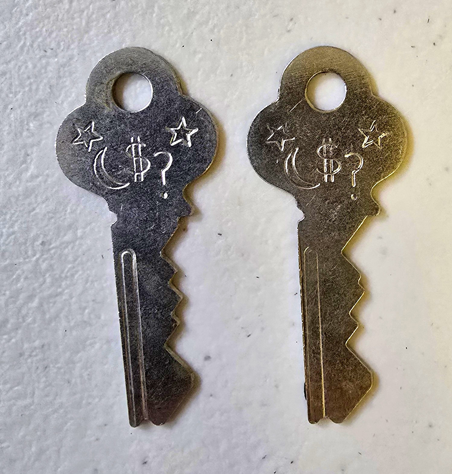 Pair (2) Vintage Symbol Novelty Keys Celestial Crescent Moon Star Dollar Sign ?